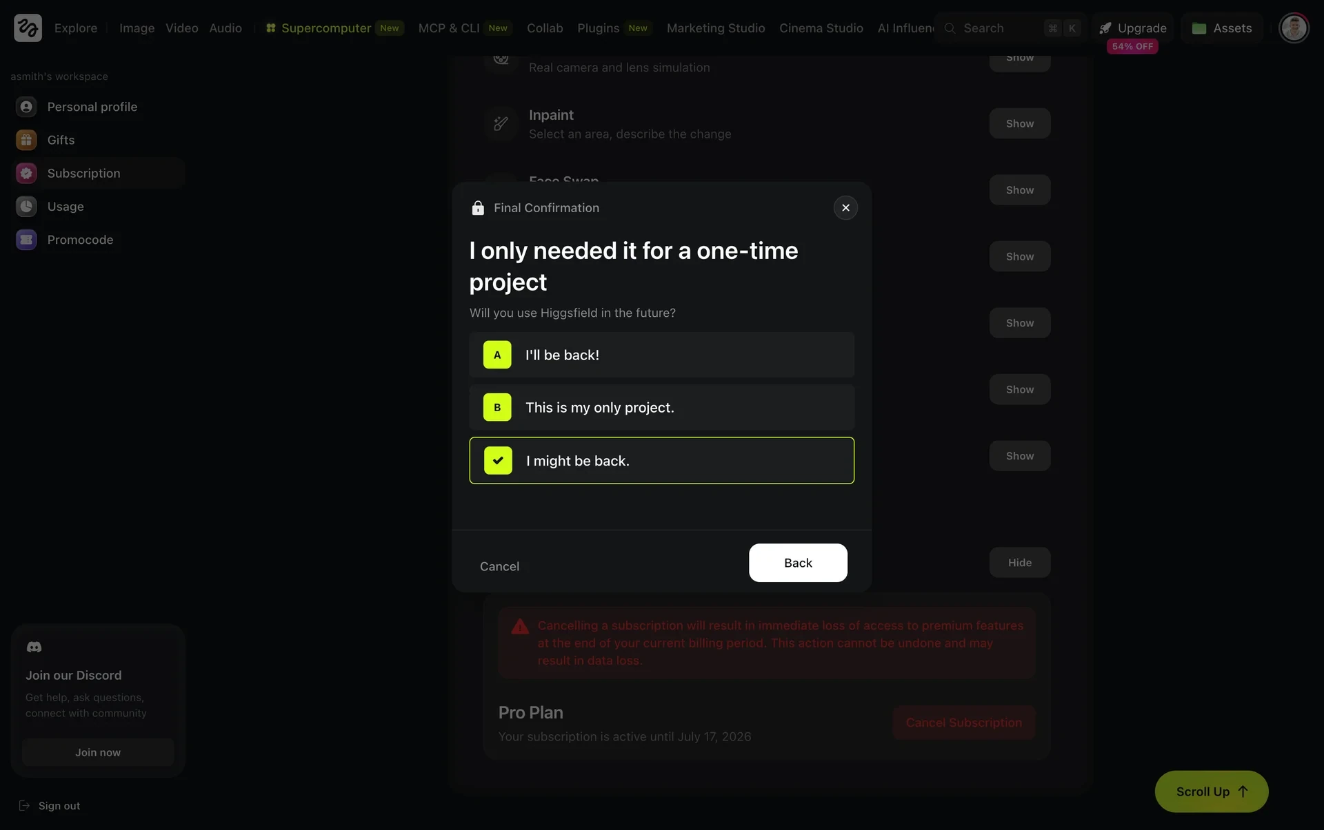 Same one-time-project survey with option C I might be back selected and outlined, with Cancel and Back still visible