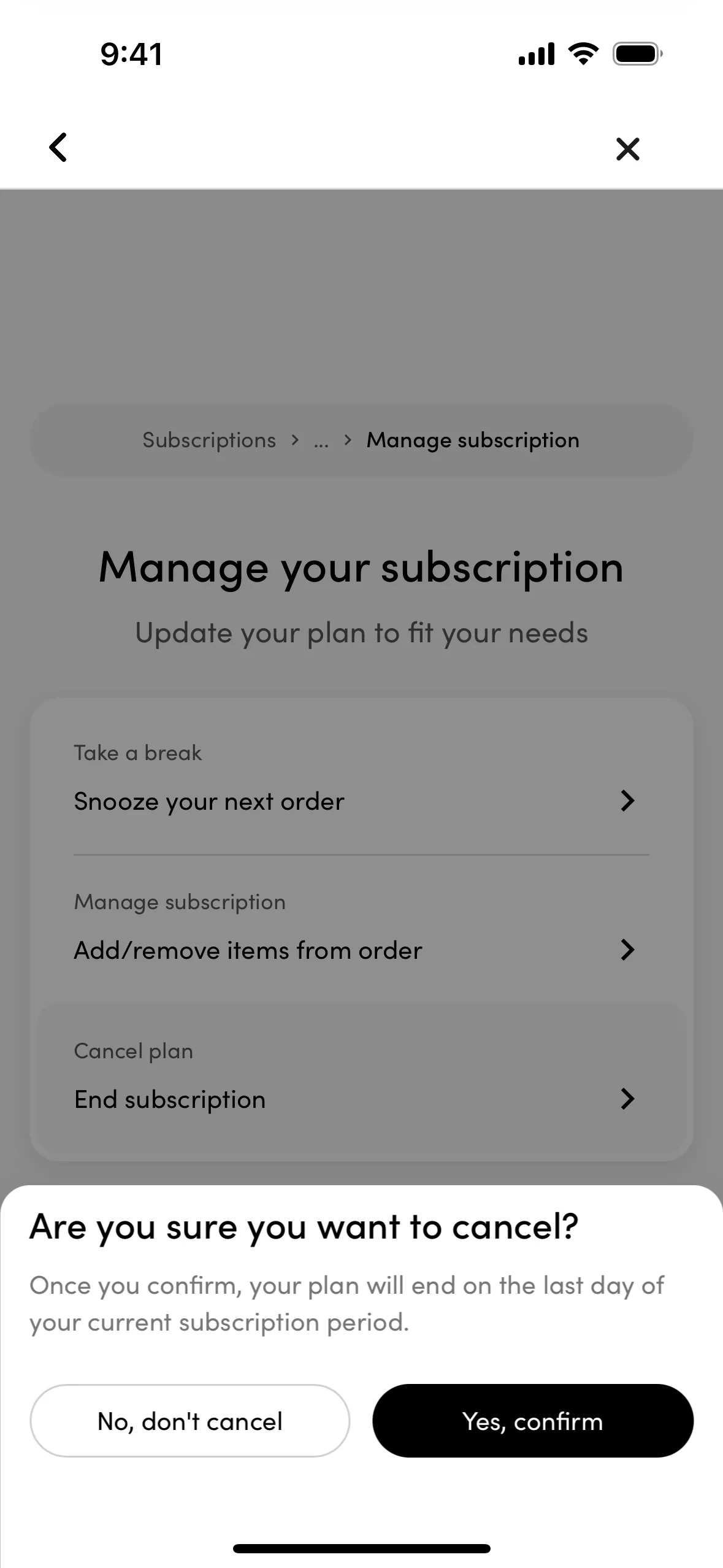 Hims Are you sure you want to cancel? sheet explaining the plan will end on the last day of the current subscription period, with No, don't cancel and Yes, confirm buttons