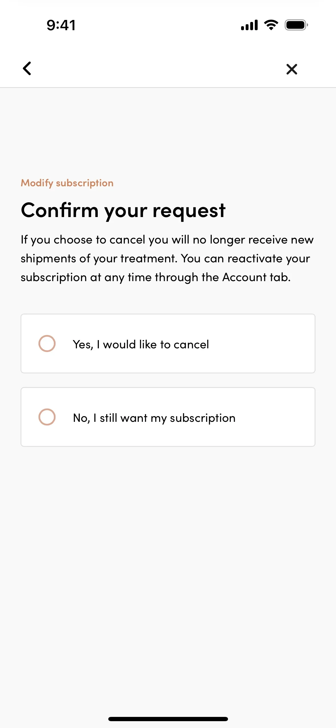 Hims Confirm your request screen explaining that canceling stops new shipments and the subscription can be reactivated through the Account tab, with radio options Yes, I would like to cancel and No, I still want my subscription