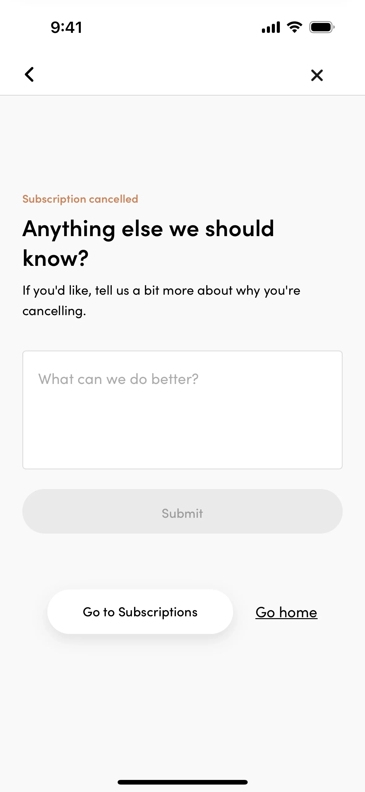 Hims Subscription cancelled screen headed Anything else we should know? with an optional feedback text box, a Submit button, and Go to Subscriptions and Go home links