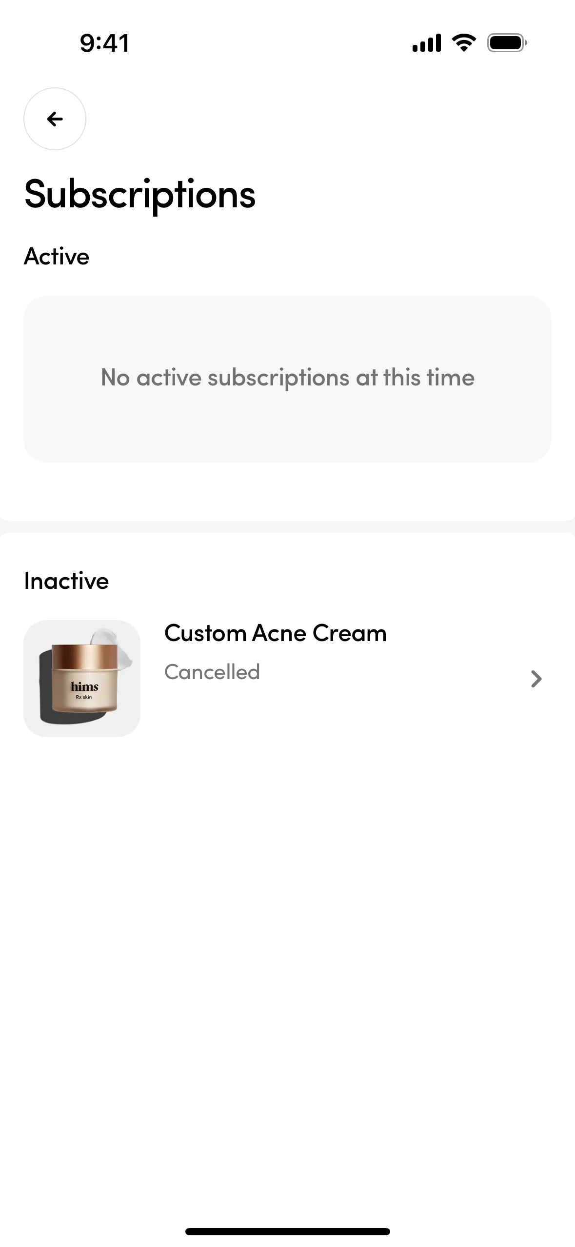 Hims Subscriptions page showing No active subscriptions at this time under Active and a Custom Acne Cream plan marked Cancelled under Inactive