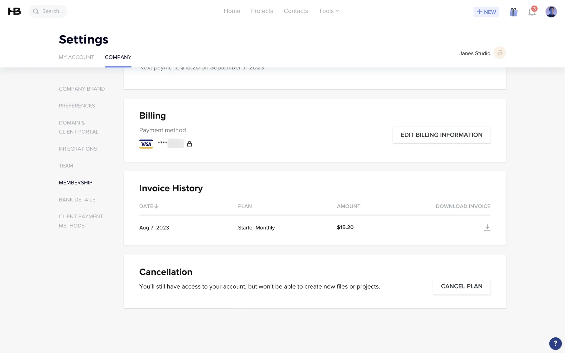 HoneyBook Company Settings Membership page showing Billing, Invoice History for Starter Monthly, and a Cancellation section with the CANCEL PLAN button