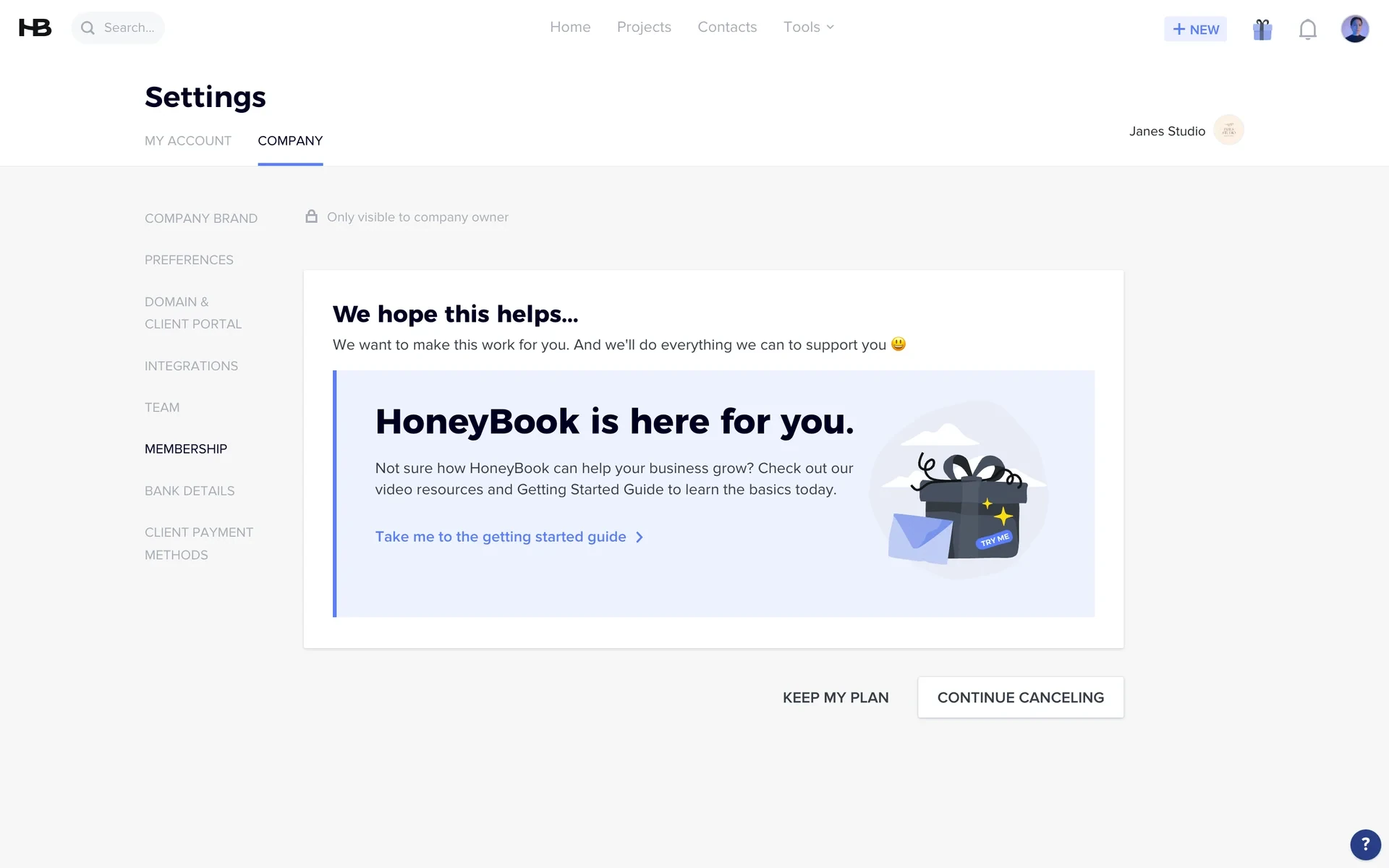 HoneyBook We hope this helps retention screen promoting video resources and a Getting Started Guide link, with KEEP MY PLAN and CONTINUE CANCELING buttons