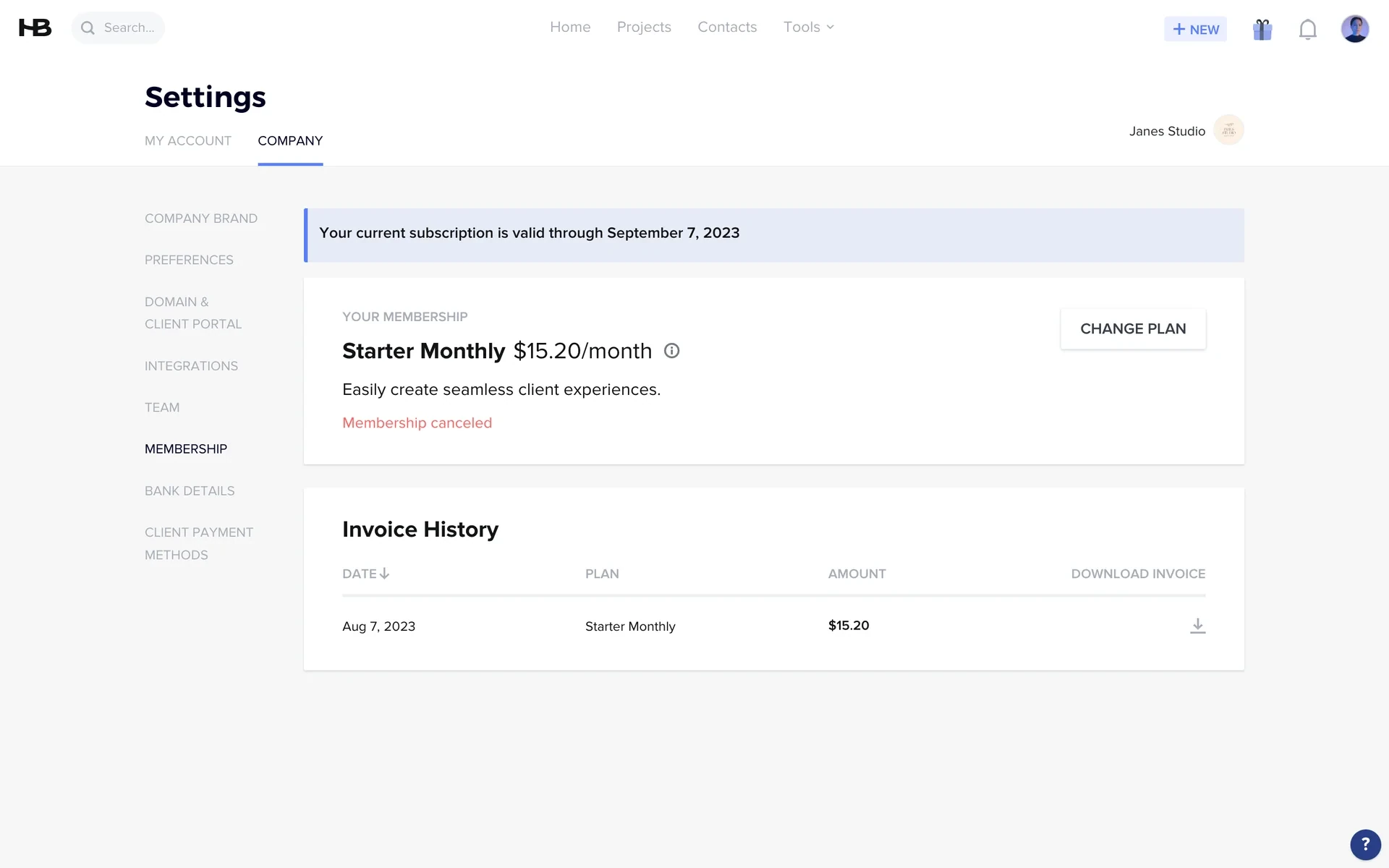 HoneyBook Membership page after cancel with a blue banner stating the subscription is valid through a date, Starter Monthly plan details, red Membership canceled text, and CHANGE PLAN button