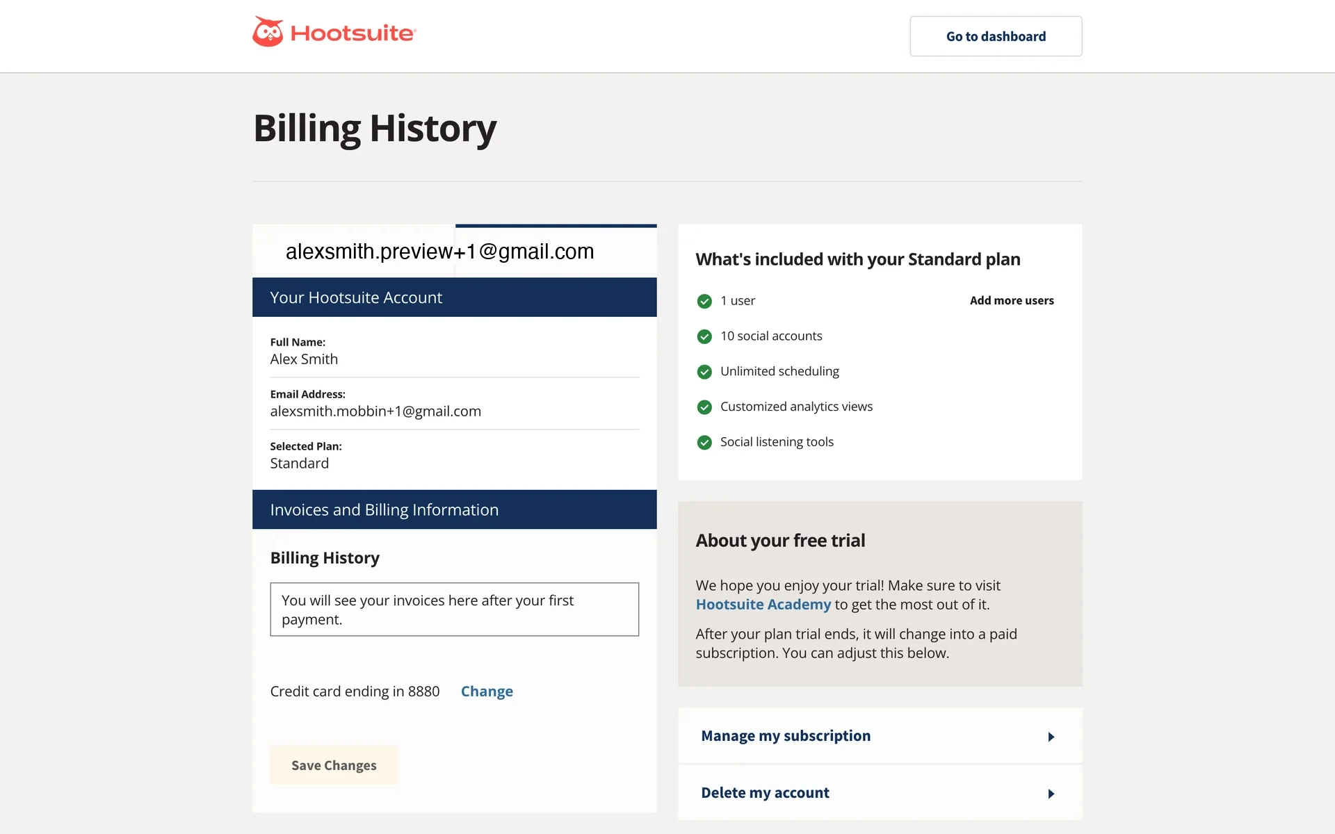 Hootsuite Billing History page showing the account holder name, selected Standard plan, billing history, and a Manage my subscription panel on the right