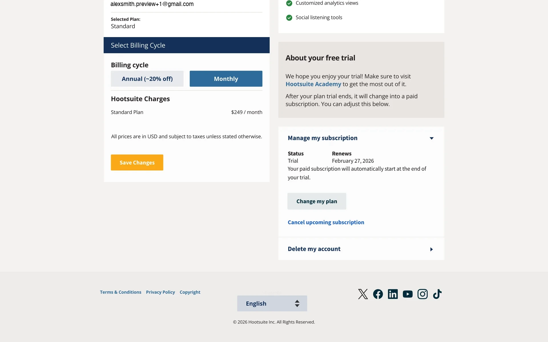 Expanded Manage my subscription panel showing Status, the Renews date, a Change my plan button, and the Cancel upcoming subscription link