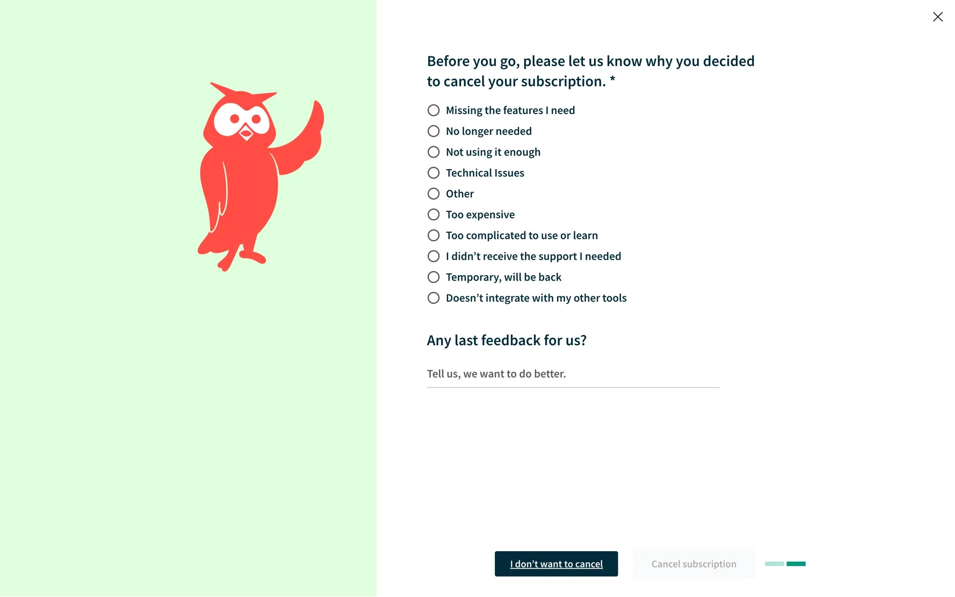 Cancellation reason survey with ten radio options and a greyed-out Cancel subscription button