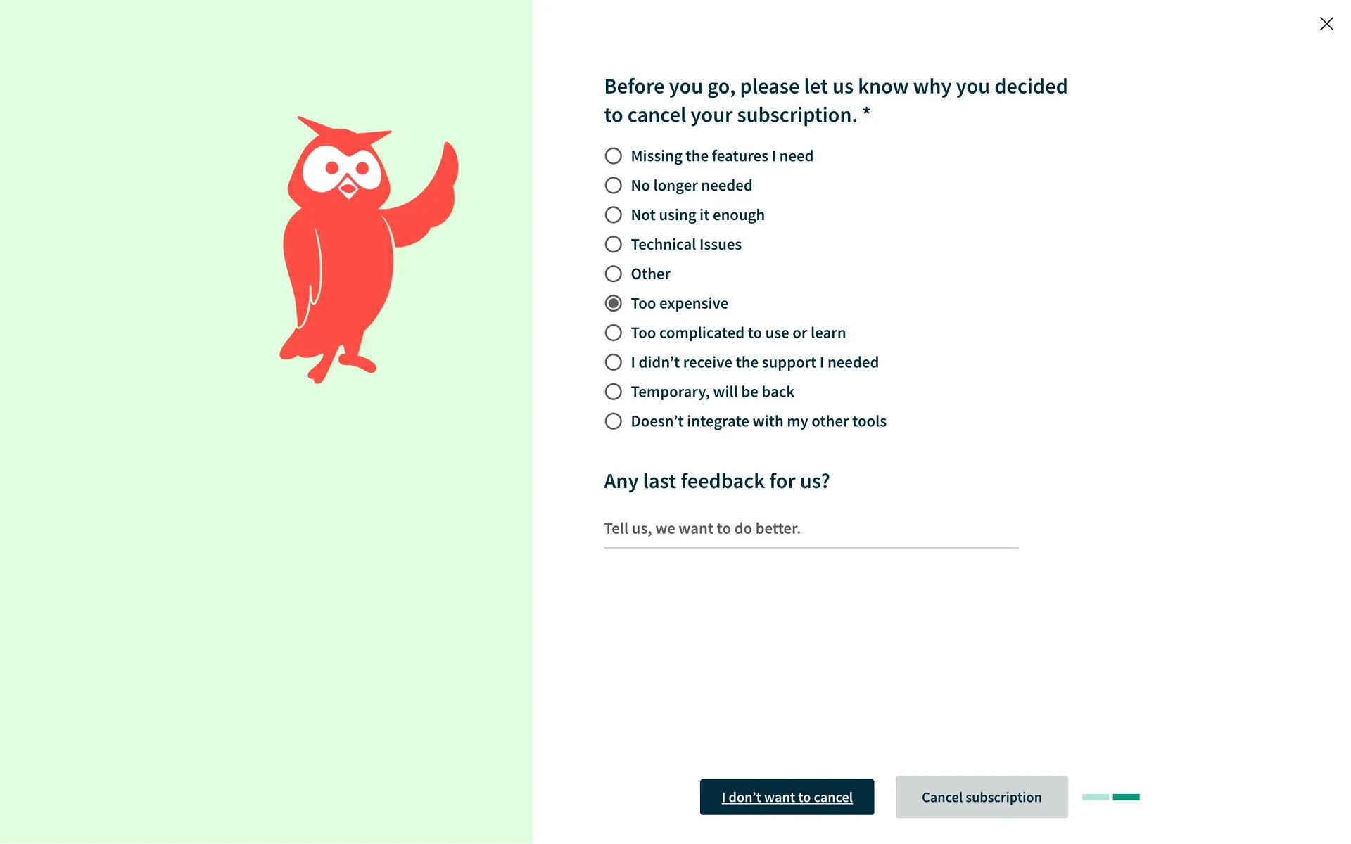 Survey with the Too expensive reason selected and the Cancel subscription button now enabled