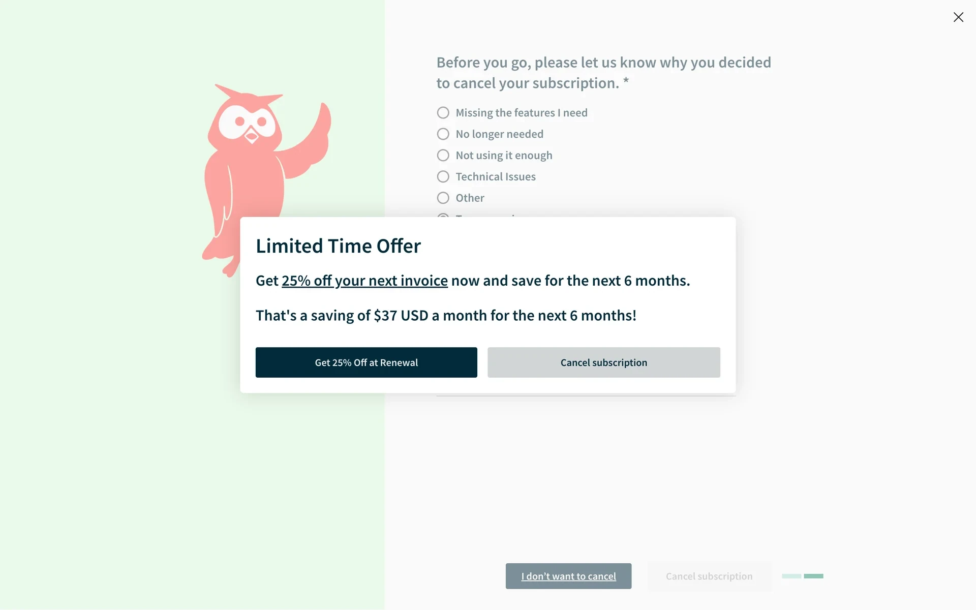 Limited Time Offer pop-up offering 25% off for six months with Get 25% Off at Renewal and Cancel subscription buttons