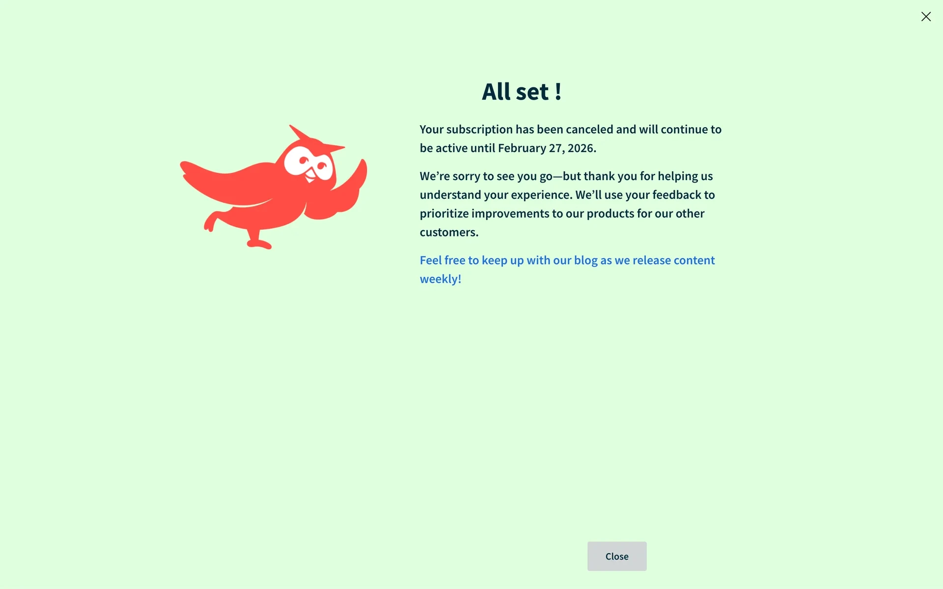 All set! confirmation screen stating the subscription has been canceled and will remain active until the renewal date