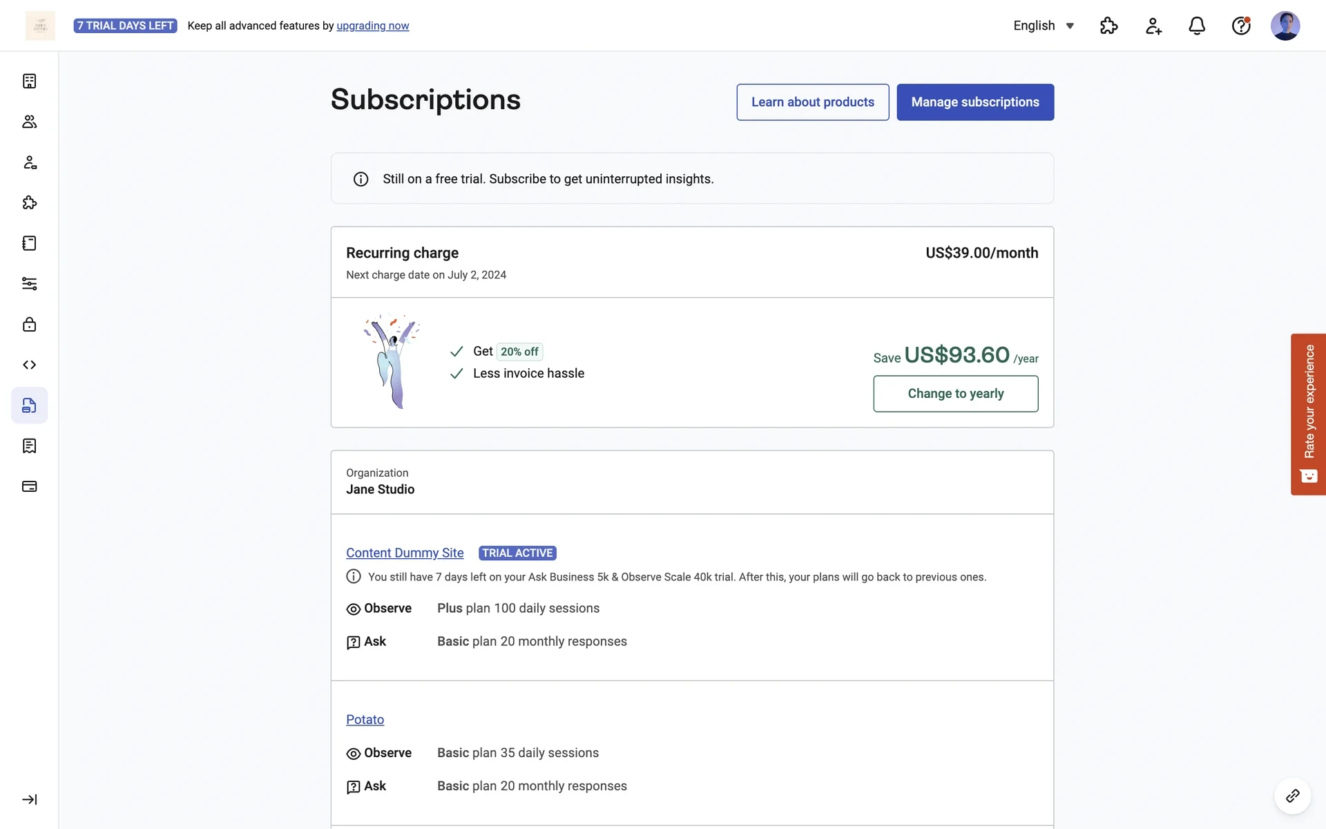 Hotjar Subscriptions page showing a US$39.00/month recurring charge, a "Change to yearly" save offer, and the blue Manage subscriptions button at the top right