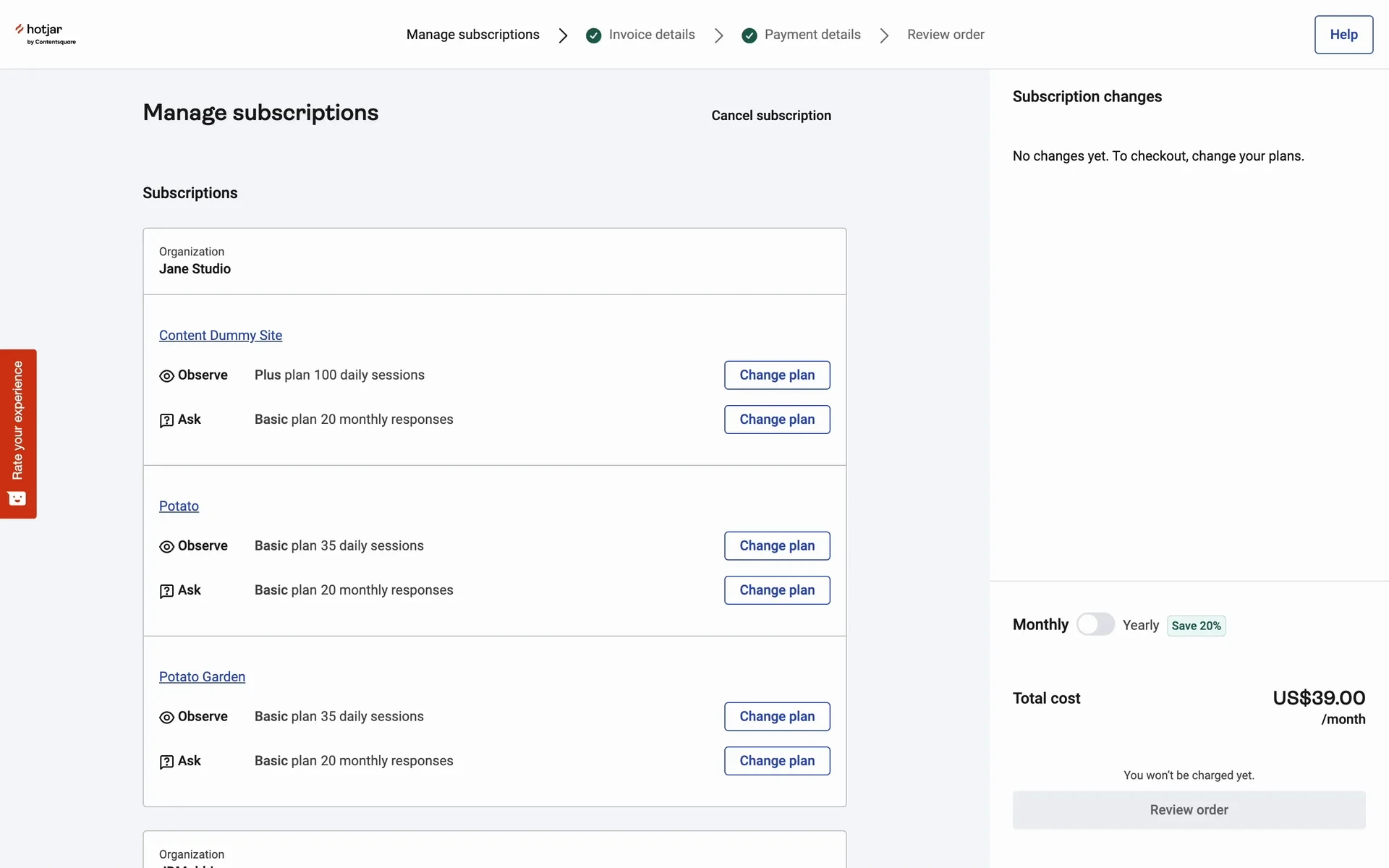 Hotjar Manage subscriptions page listing per-site Observe and Ask plans with Change plan buttons, and a Cancel subscription link in the top-right