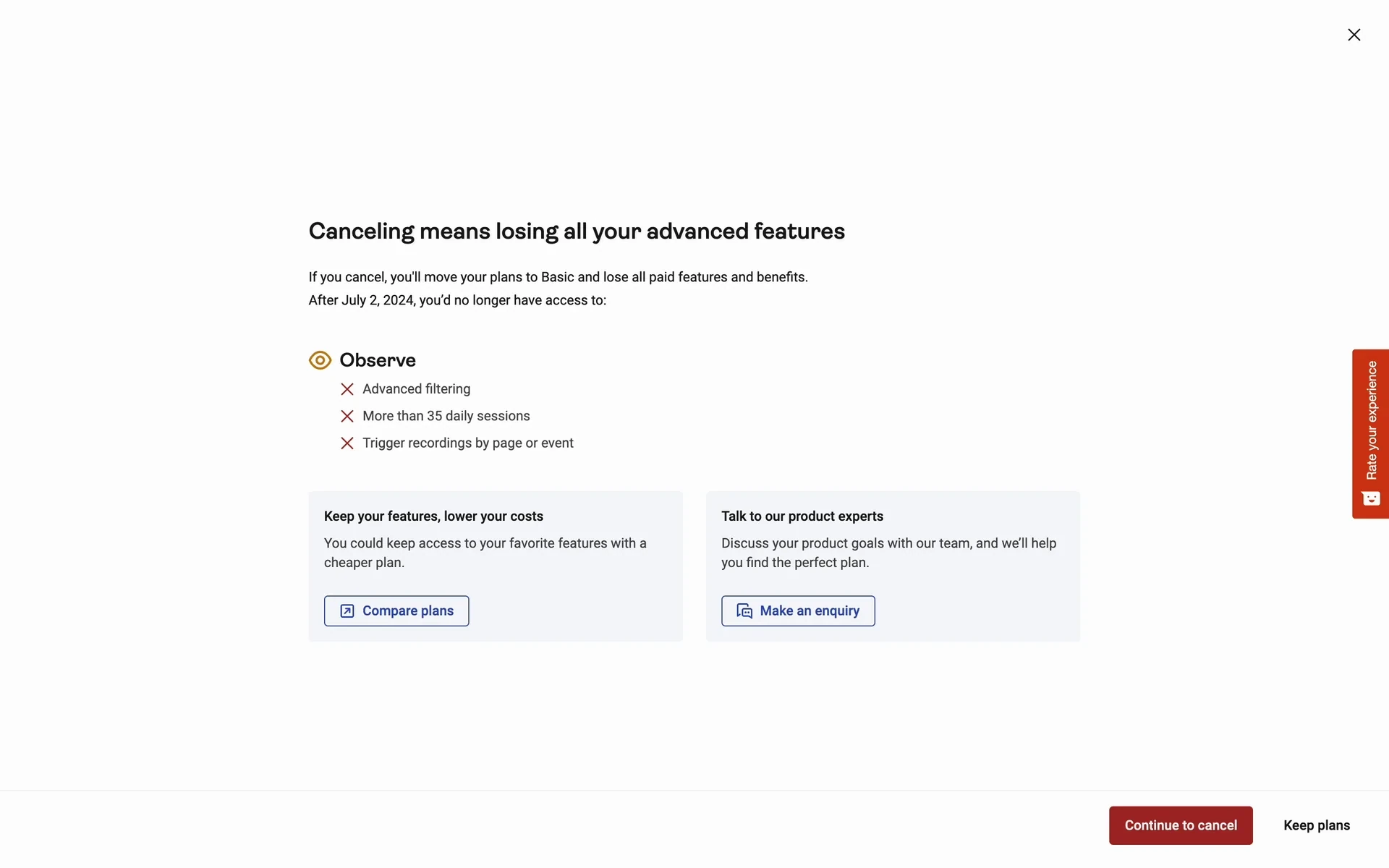 Hotjar modal titled "Canceling means losing all your advanced features" listing lost Observe features, with "Keep your features, lower your costs" and "Talk to our product experts" cards and a Continue to cancel button