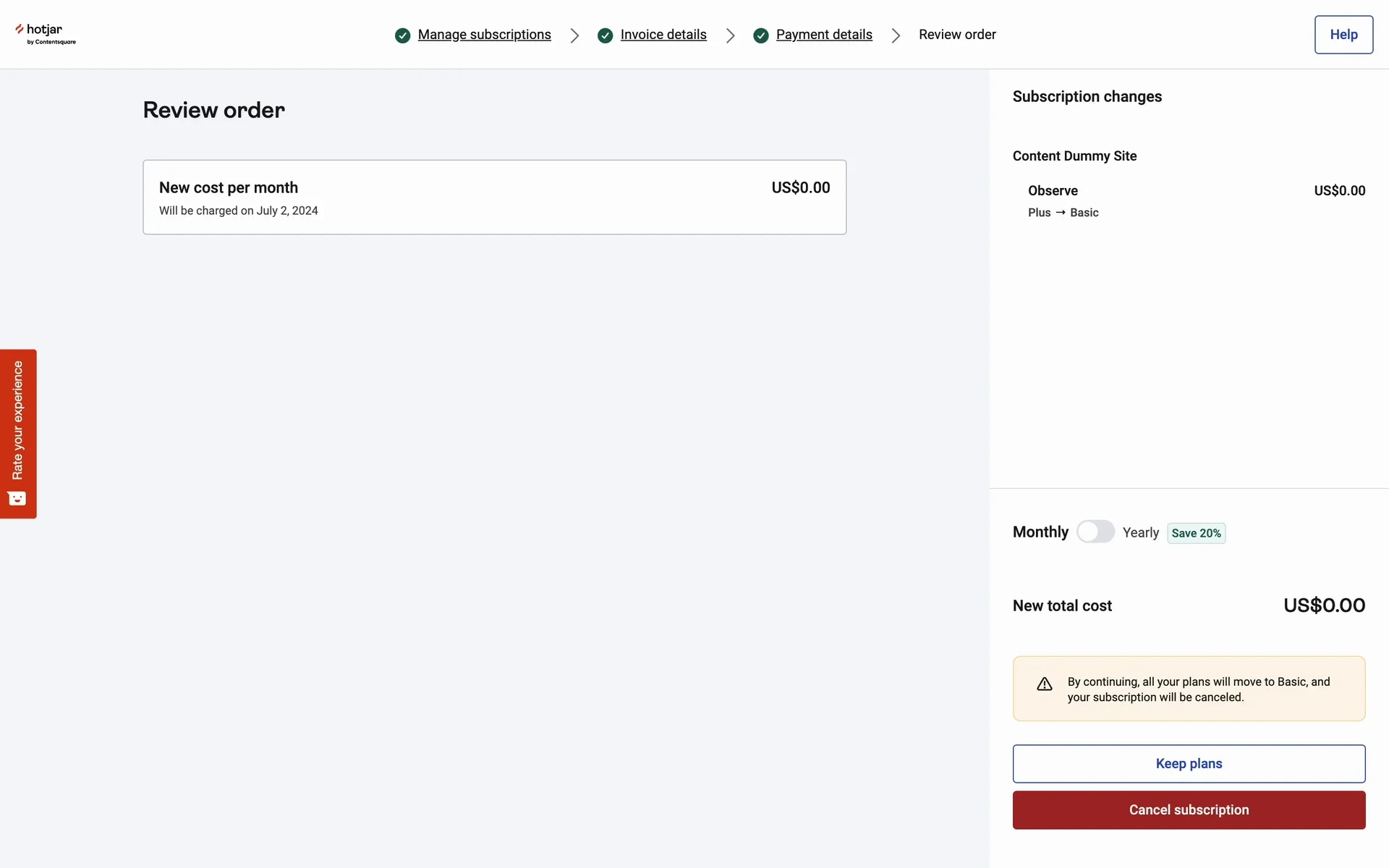 Hotjar Review order page showing a new monthly cost of US$0.00, an Observe Plus → Basic change, a warning that all plans will move to Basic, and red Cancel subscription / Keep plans buttons