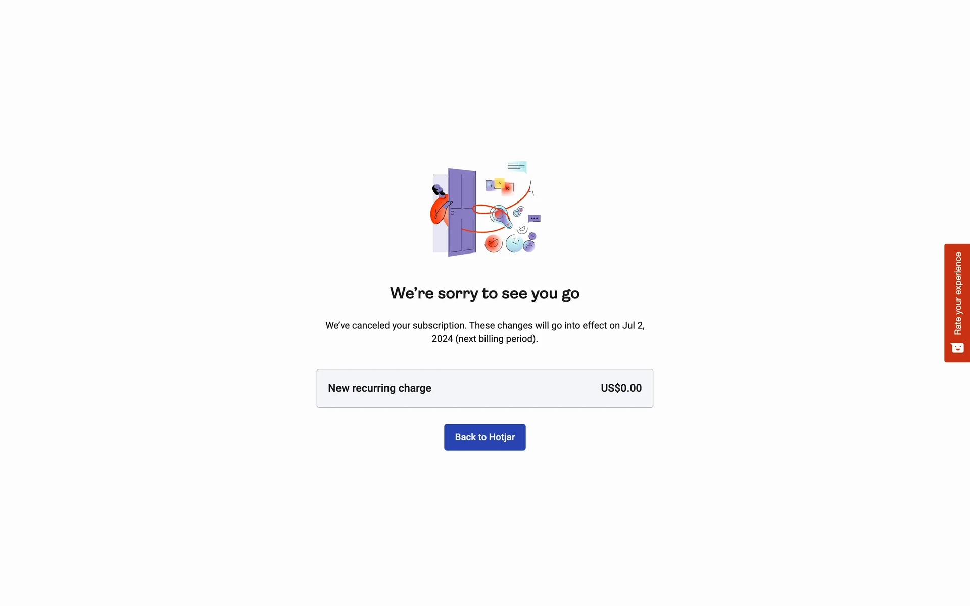 Hotjar "We're sorry to see you go" confirmation showing the cancellation takes effect next billing period, a New recurring charge of US$0.00, and a Back to Hotjar button