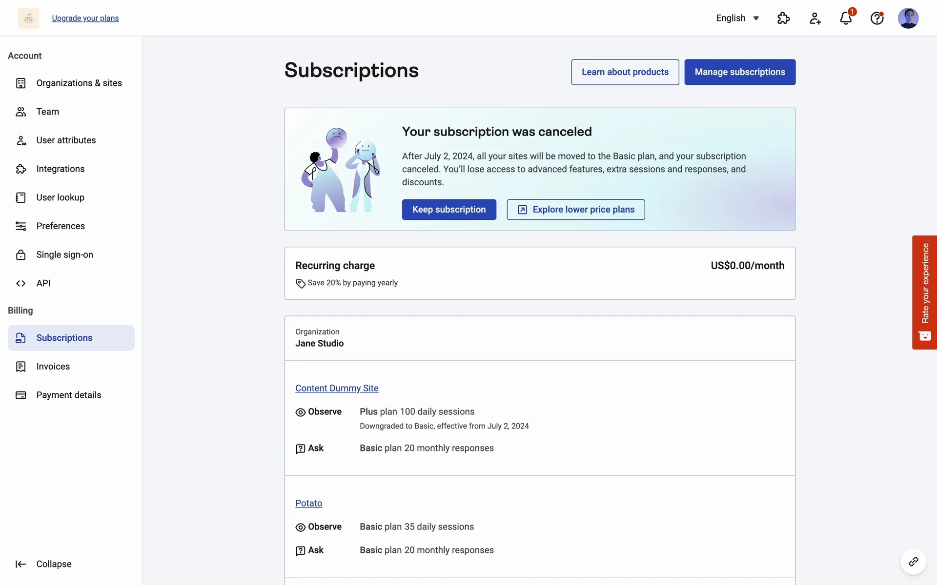 Hotjar Subscriptions page with a "Your subscription was canceled" banner, a US$0.00/month recurring charge, plans marked "Downgraded to Basic, effective from [date]", and Keep subscription / Explore lower price plans buttons