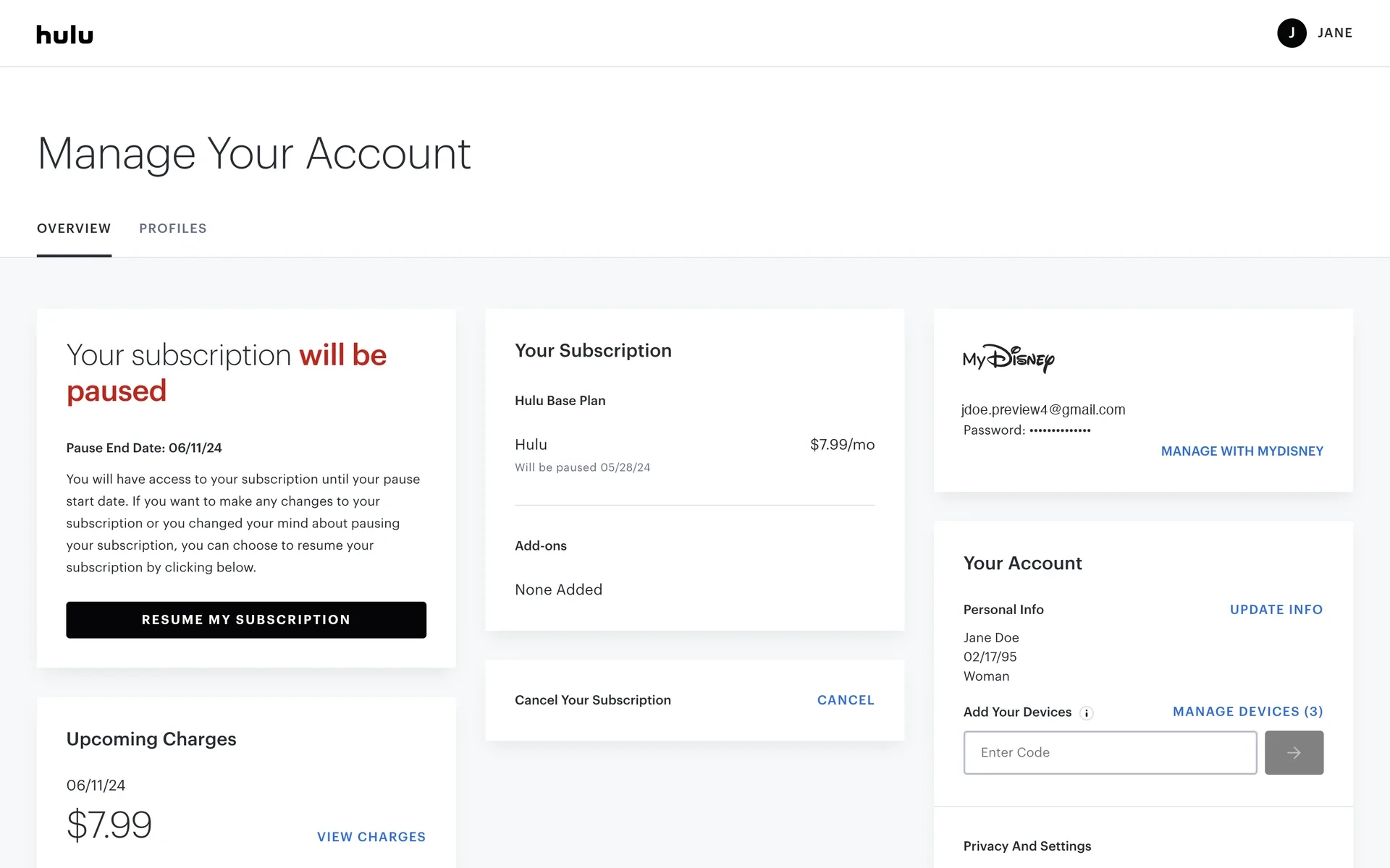 Hulu Manage Your Account Overview showing Your Subscription with Hulu Base Plan, a Cancel Your Subscription row with a blue CANCEL link, and a MyDisney account card