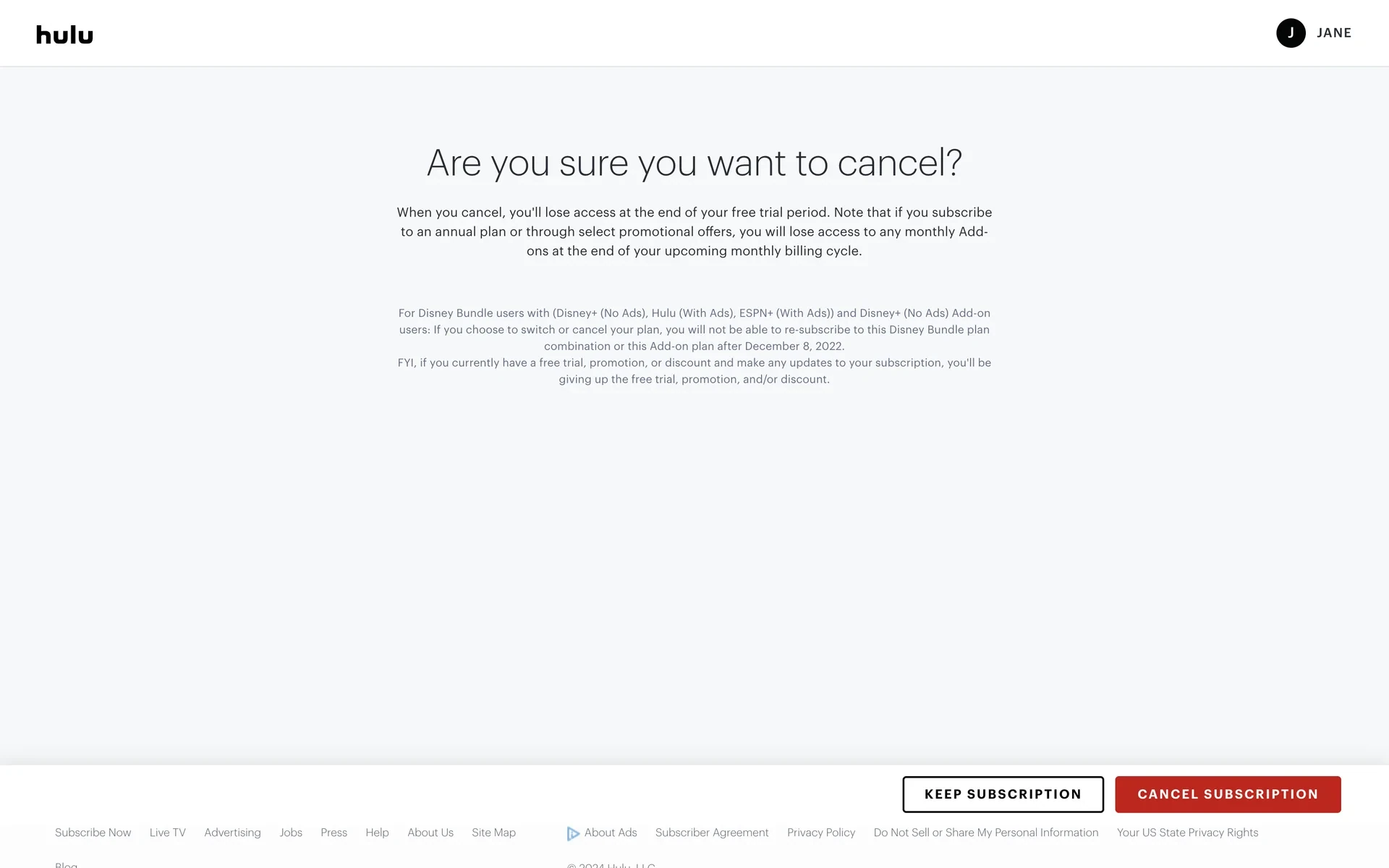 Hulu confirmation page titled Are you sure you want to cancel? with trial and Disney Bundle notices plus KEEP SUBSCRIPTION and dark red CANCEL SUBSCRIPTION buttons
