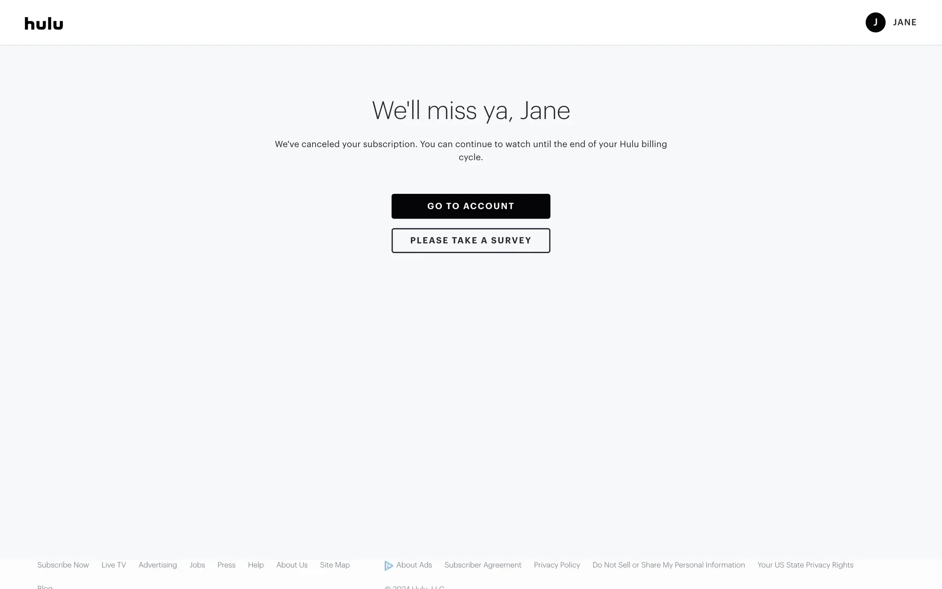 Hulu goodbye page reading We'll miss ya with canceled-subscription confirmation text and GO TO ACCOUNT and PLEASE TAKE A SURVEY buttons