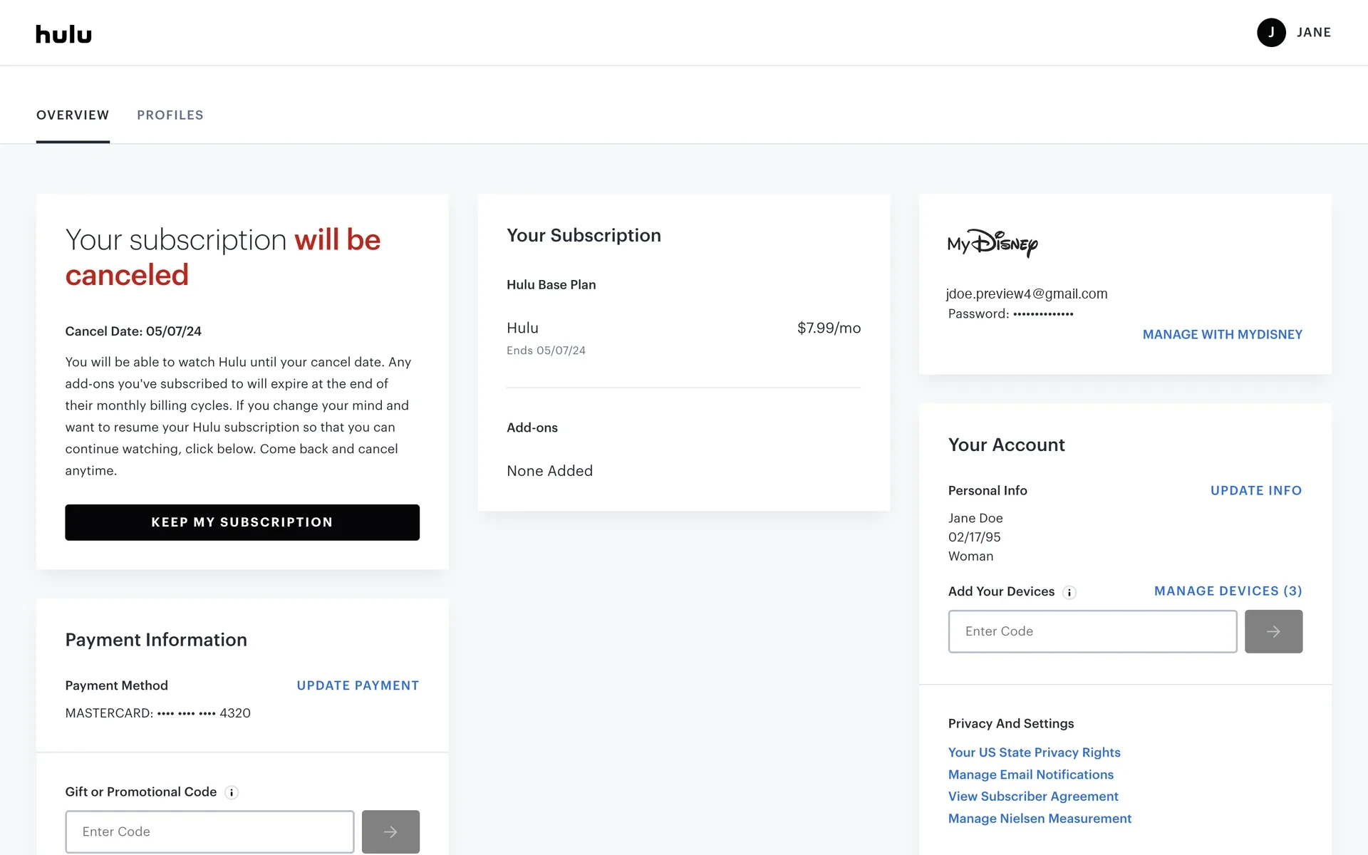 Hulu Account Overview after cancel showing Your subscription will be canceled with an end date, KEEP MY SUBSCRIPTION button, and Your Subscription marked Ends on that date