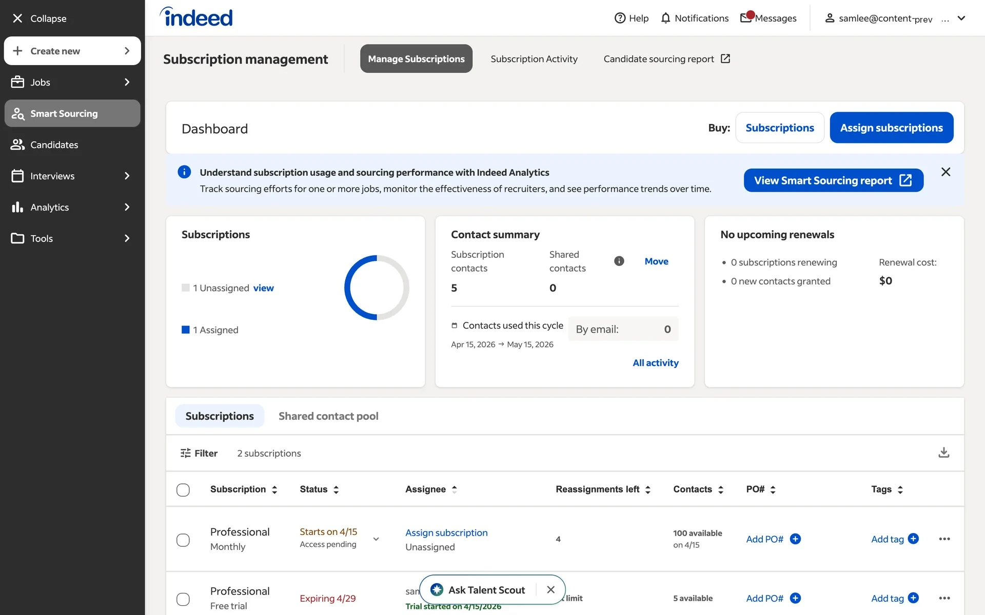 Indeed employer dashboard with the account email menu open in the top-right corner showing the Subscriptions option