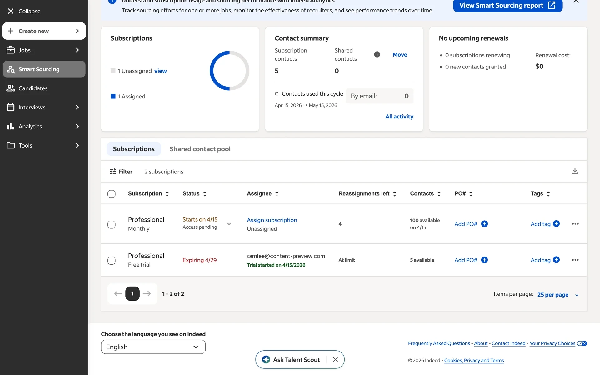 Indeed Subscriptions page showing a list of active Smart Sourcing Professional plans with user assignments and contact counts