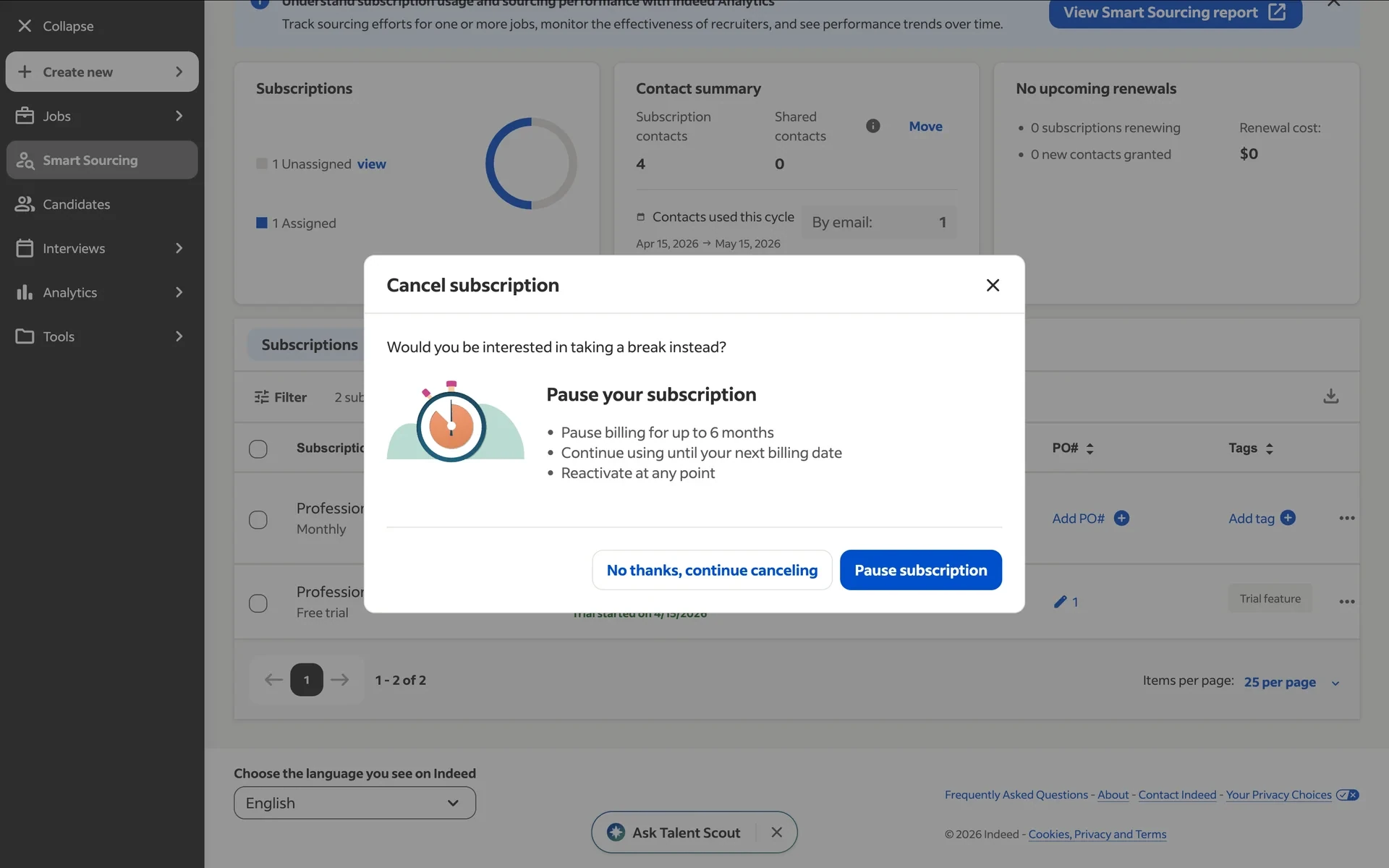 Indeed cancel confirmation prompt asking if you are sure with messaging about losing access to candidate contacts and the Sourcing Assistant
