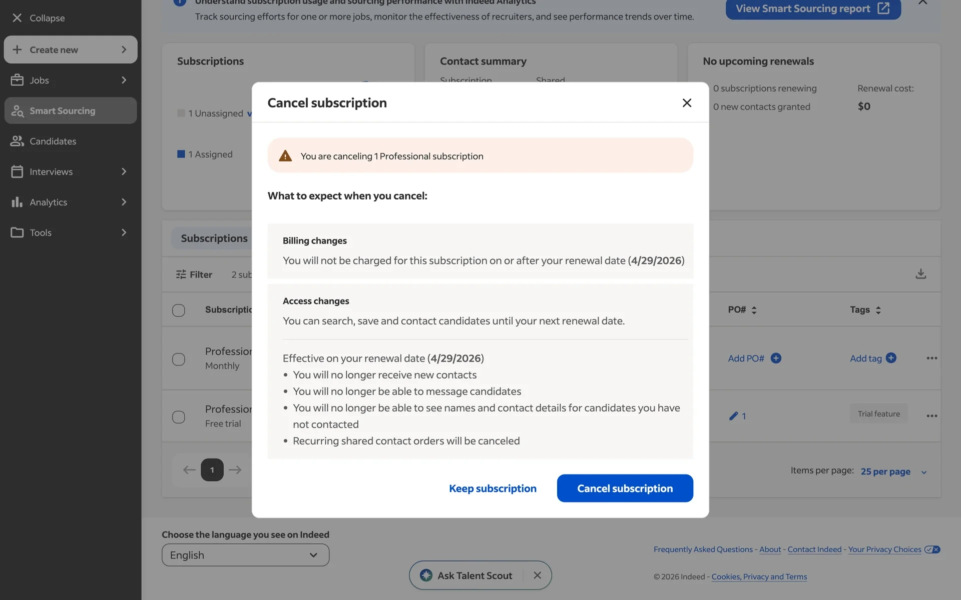 Indeed retention offer page with the No thanks, continue canceling link highlighted at the bottom below the save offer messaging