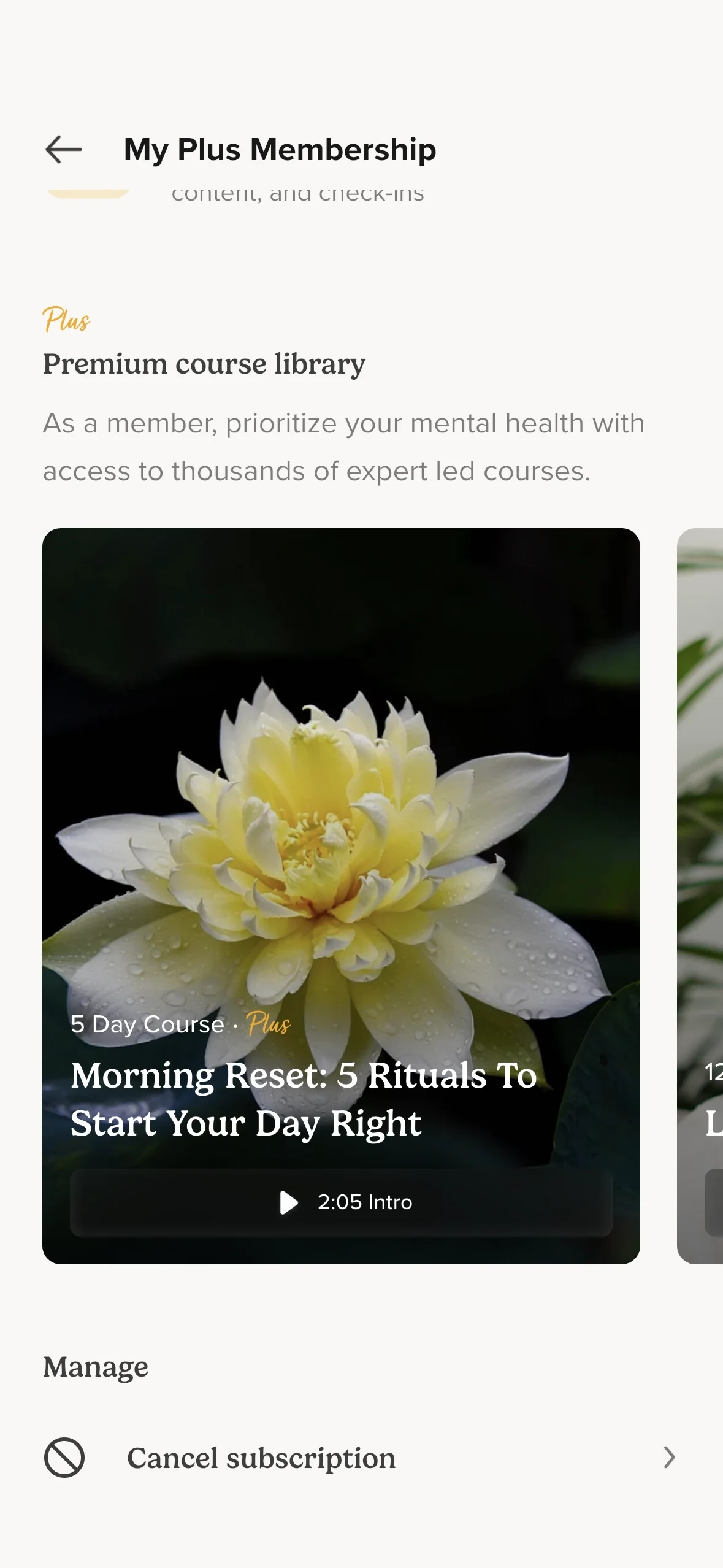 Insight Timer My Plus Membership page showing the Plus Premium course library with a Morning Reset 5 Day Course card, and a Manage section at the bottom with a Cancel subscription row