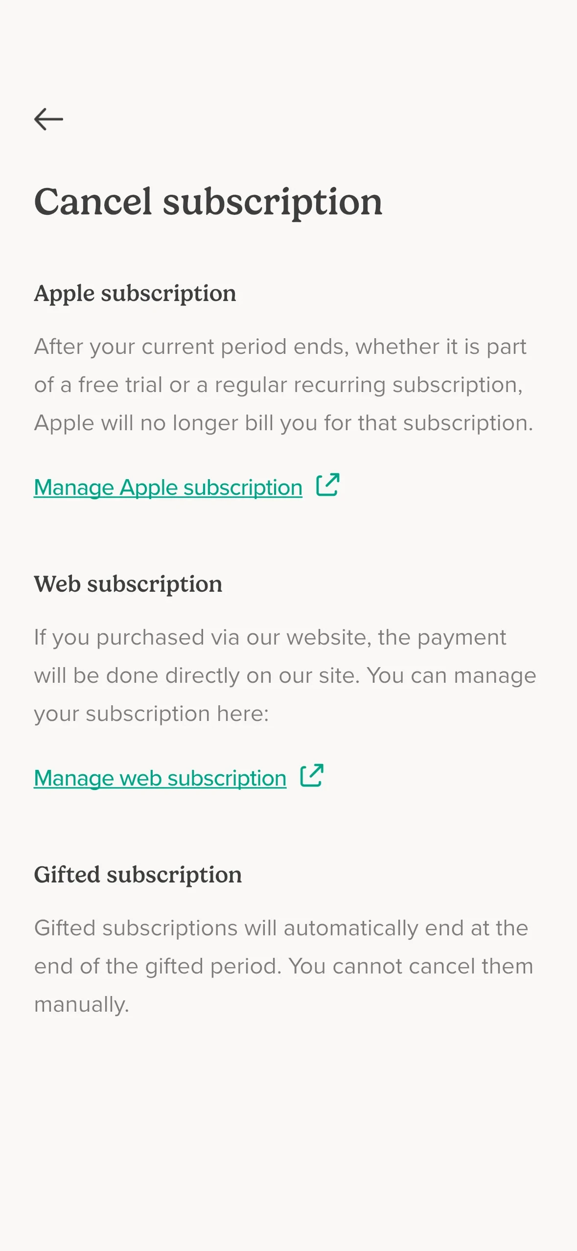 Insight Timer Cancel subscription page with three sections: Apple subscription with a Manage Apple subscription link, Web subscription with a Manage web subscription link, and Gifted subscription saying gifts end automatically and cannot be cancelled manually