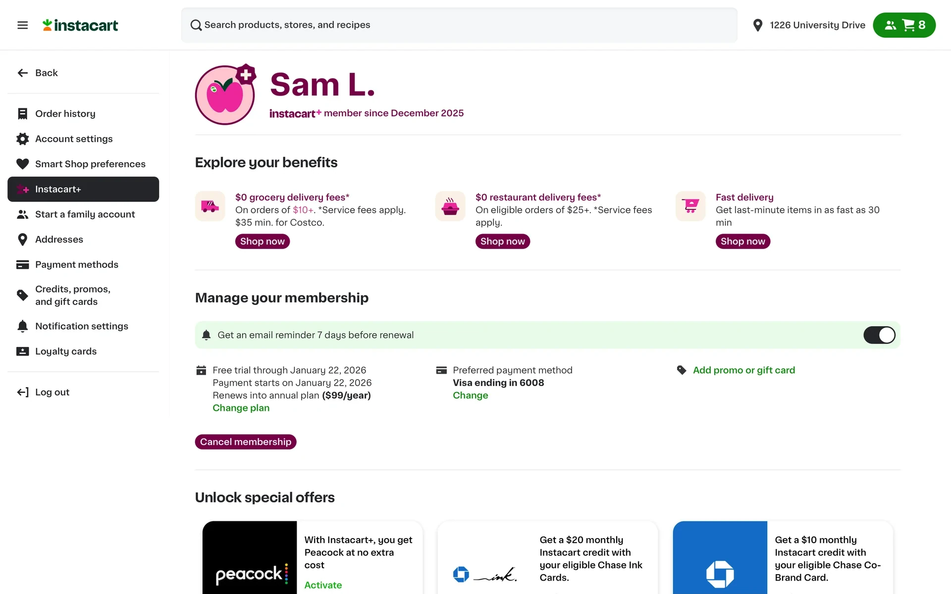 Instacart+ membership page with the Instacart+ tab selected in the left sidebar, an Explore your benefits section, and a Manage your membership area below