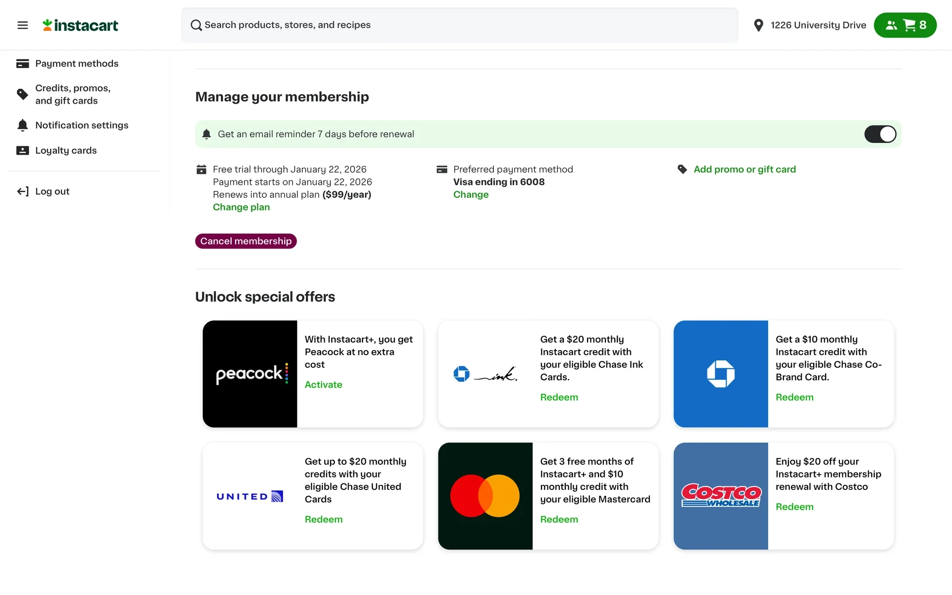 Manage your membership section showing the email-reminder toggle, renewal plan details, payment method, and the Cancel membership button above an Unlock special offers row