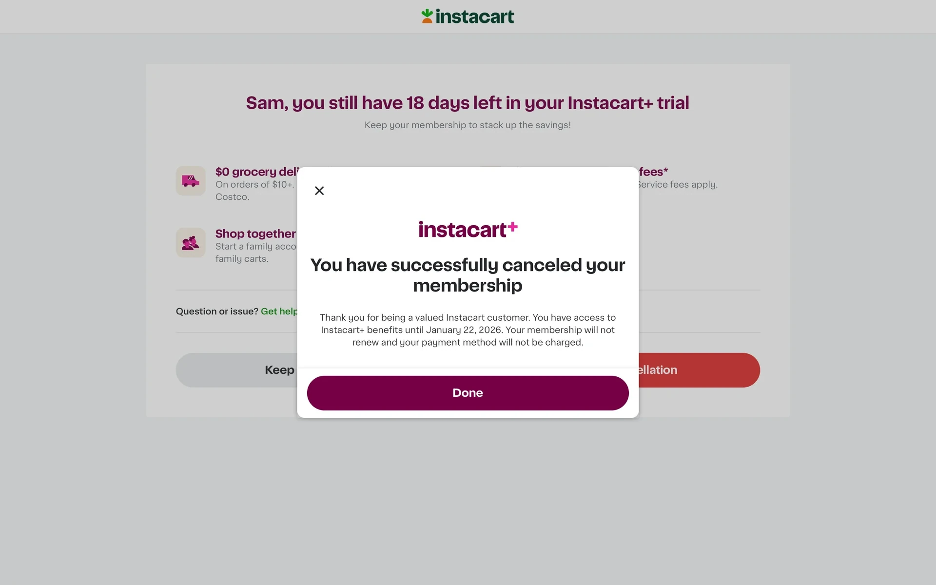 Confirmation modal reading "You have successfully canceled your membership" with the access-until date and a Done button