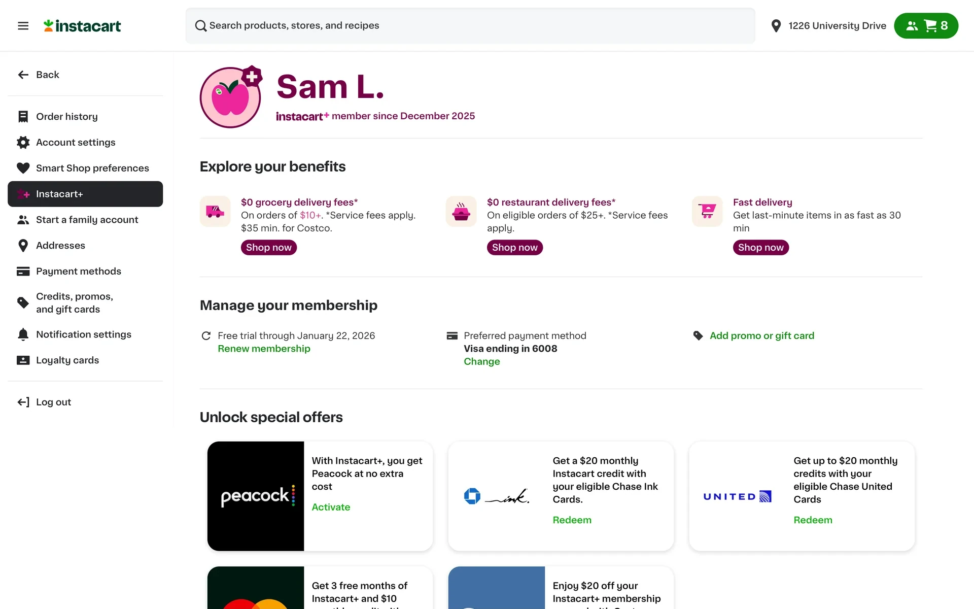 Instacart account page after cancellation showing "Renew membership" in place of Cancel and a Free trial through date under Manage your membership