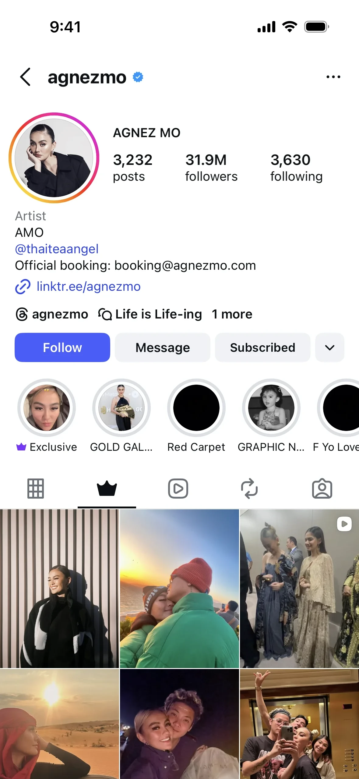 Instagram creator profile on iOS with Follow, Message, and Subscribed buttons under the bio, and a crown-icon tab for subscriber-only content