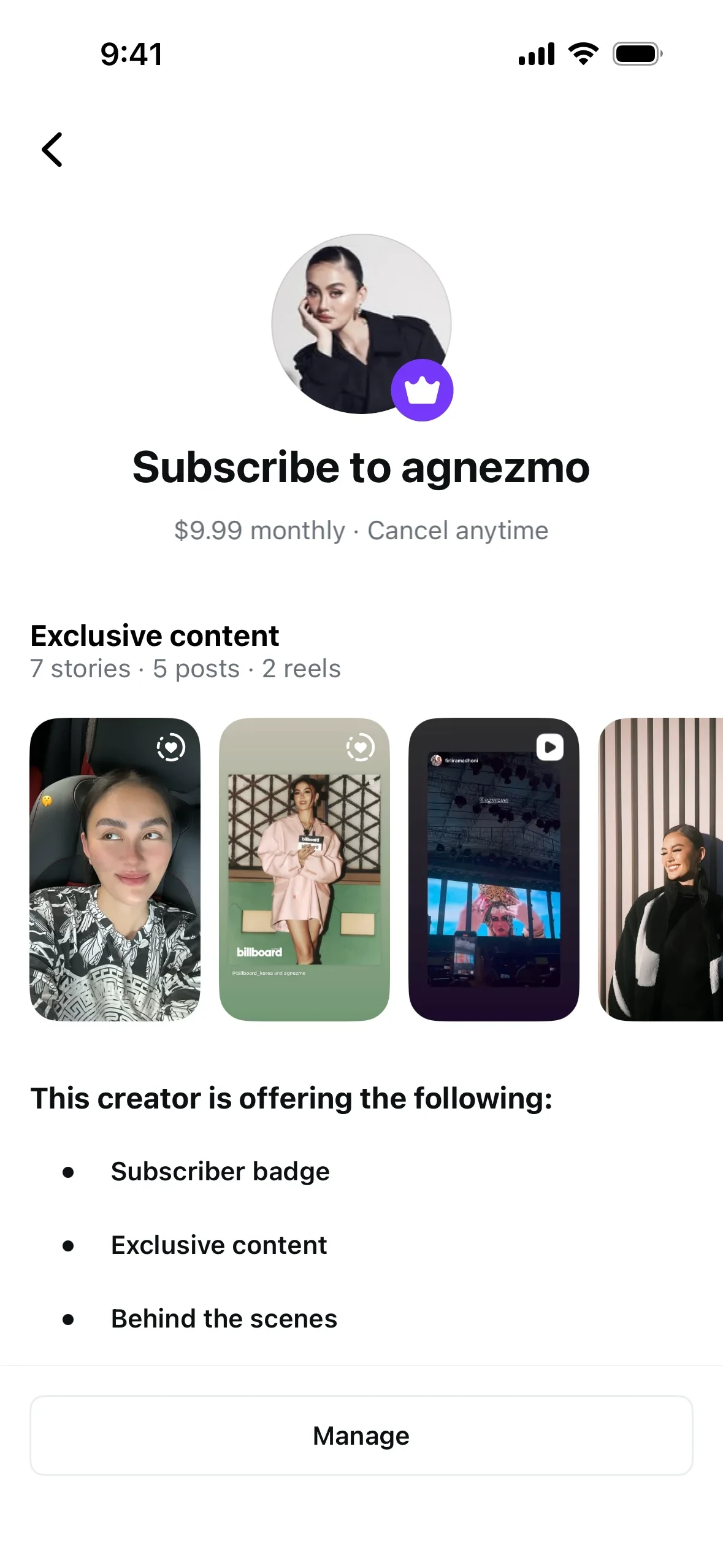 Instagram "Subscribe to agnezmo" page showing $9.99 monthly with Cancel anytime, an exclusive content row, a perks list, and a Manage button at the bottom