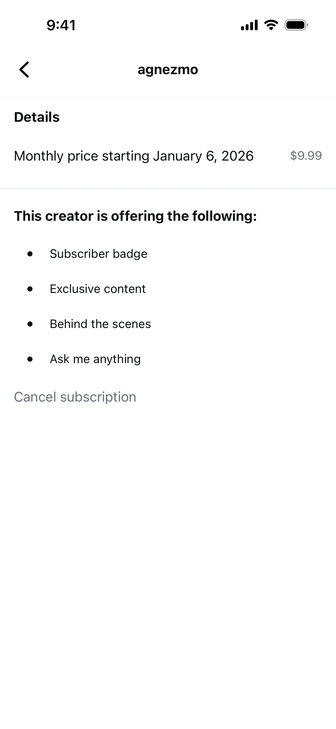 Instagram Details page showing "Monthly price starting January 6, 2026 — $9.99", the creator's perks list, and a grey Cancel subscription text link at the bottom