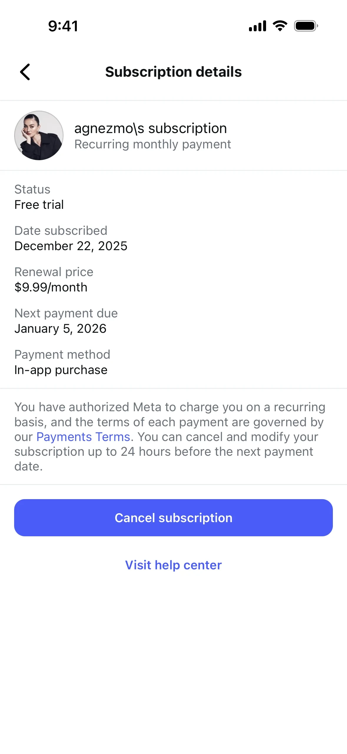 Instagram Subscription details screen showing status Free trial, renewal price $9.99/month, next payment due January 5 2026, payment method In-app purchase, and a blue Cancel subscription button above a Visit help center link