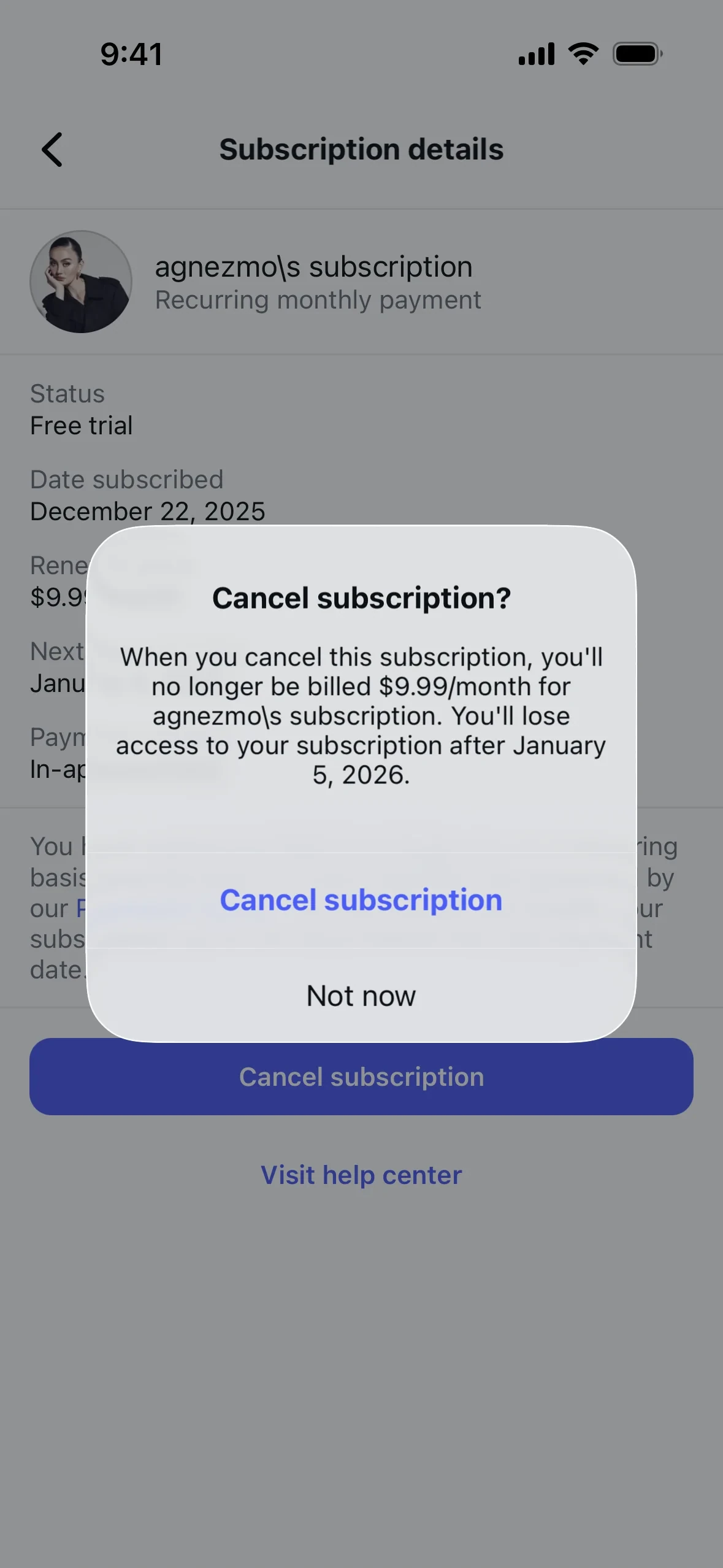 Instagram confirmation dialog reading "Cancel subscription? When you cancel this subscription, you'll no longer be billed $9.99/month… You'll lose access to your subscription after January 5, 2026" with Cancel subscription and Not now options