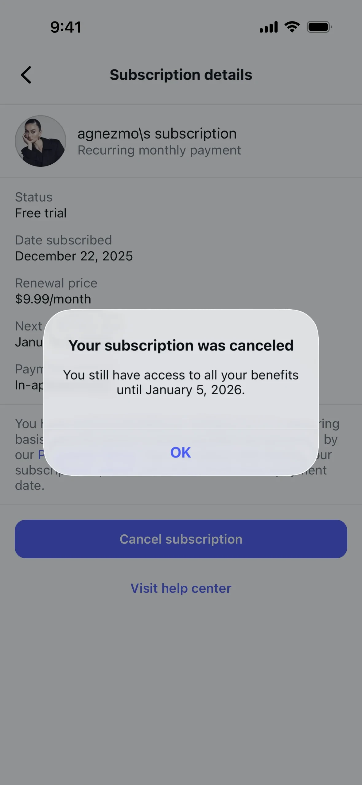 Instagram dialog reading "Your subscription was canceled — You still have access to all your benefits until January 5, 2026" with an OK button