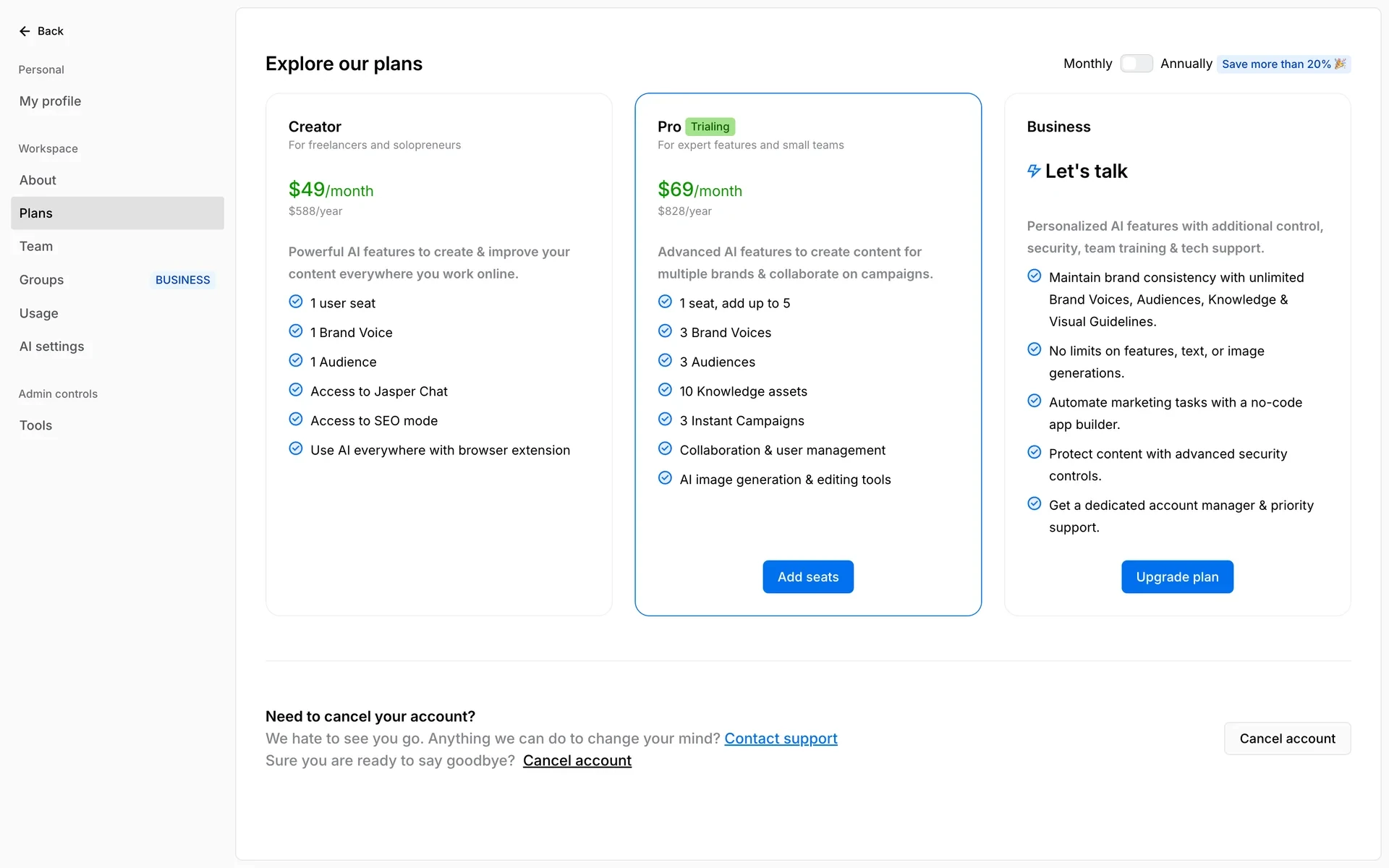 Jasper Plans page showing Creator and Pro plan cards with a "Need to cancel your account?" section at the bottom and a Cancel account button