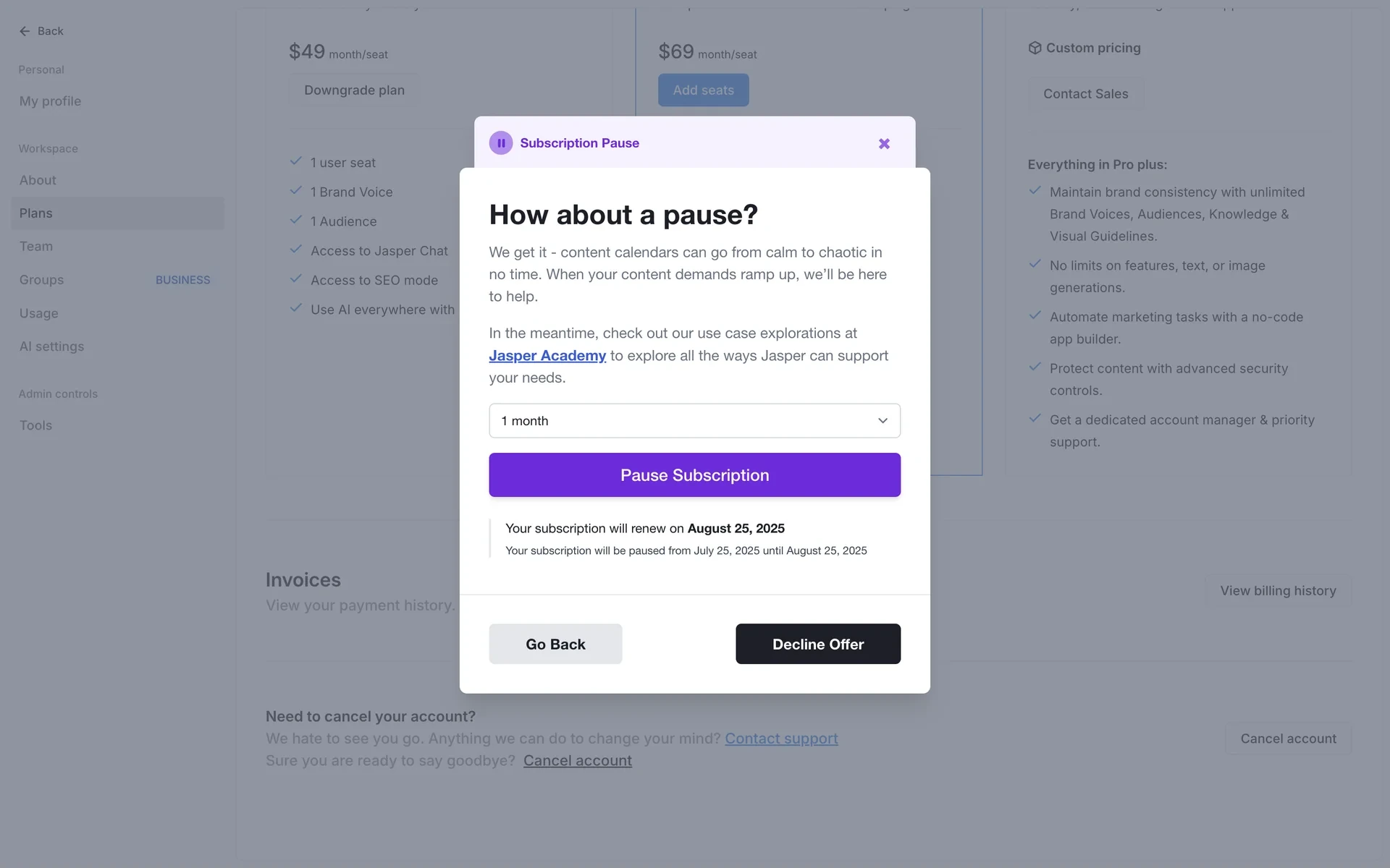 Subscription Pause modal headed "How about a pause?" with a month dropdown, a purple Pause Subscription button, and Go Back / Decline Offer buttons