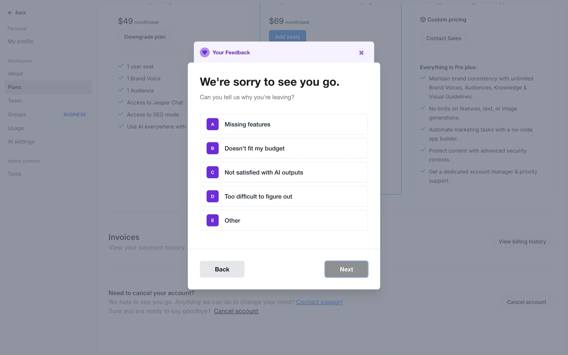 Your Feedback survey headed "We're sorry to see you go" with five radio options A-E and Back / Next buttons