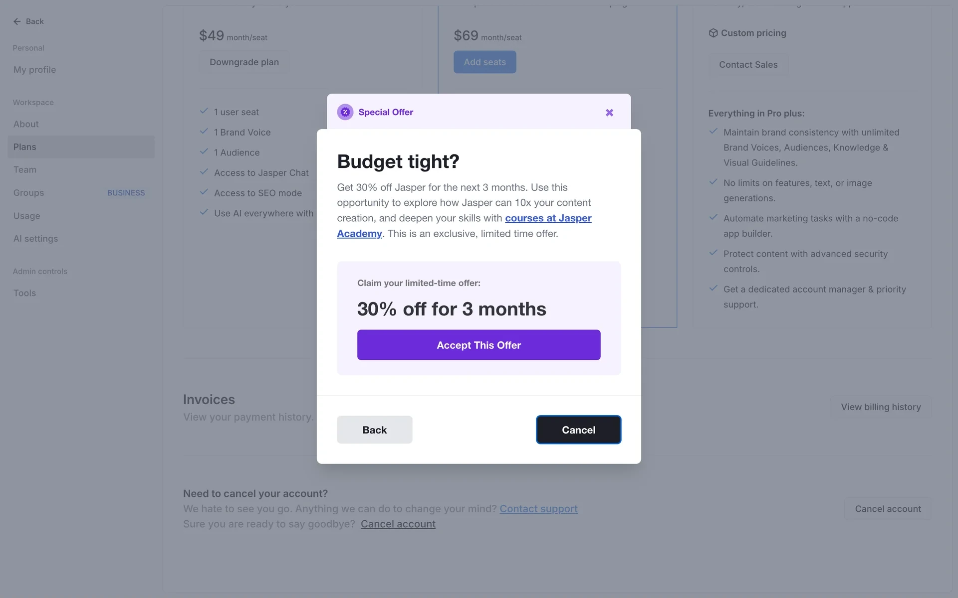 Special Offer modal headed "Budget tight?" offering 30% off for 3 months, with an Accept This Offer button and a Cancel button