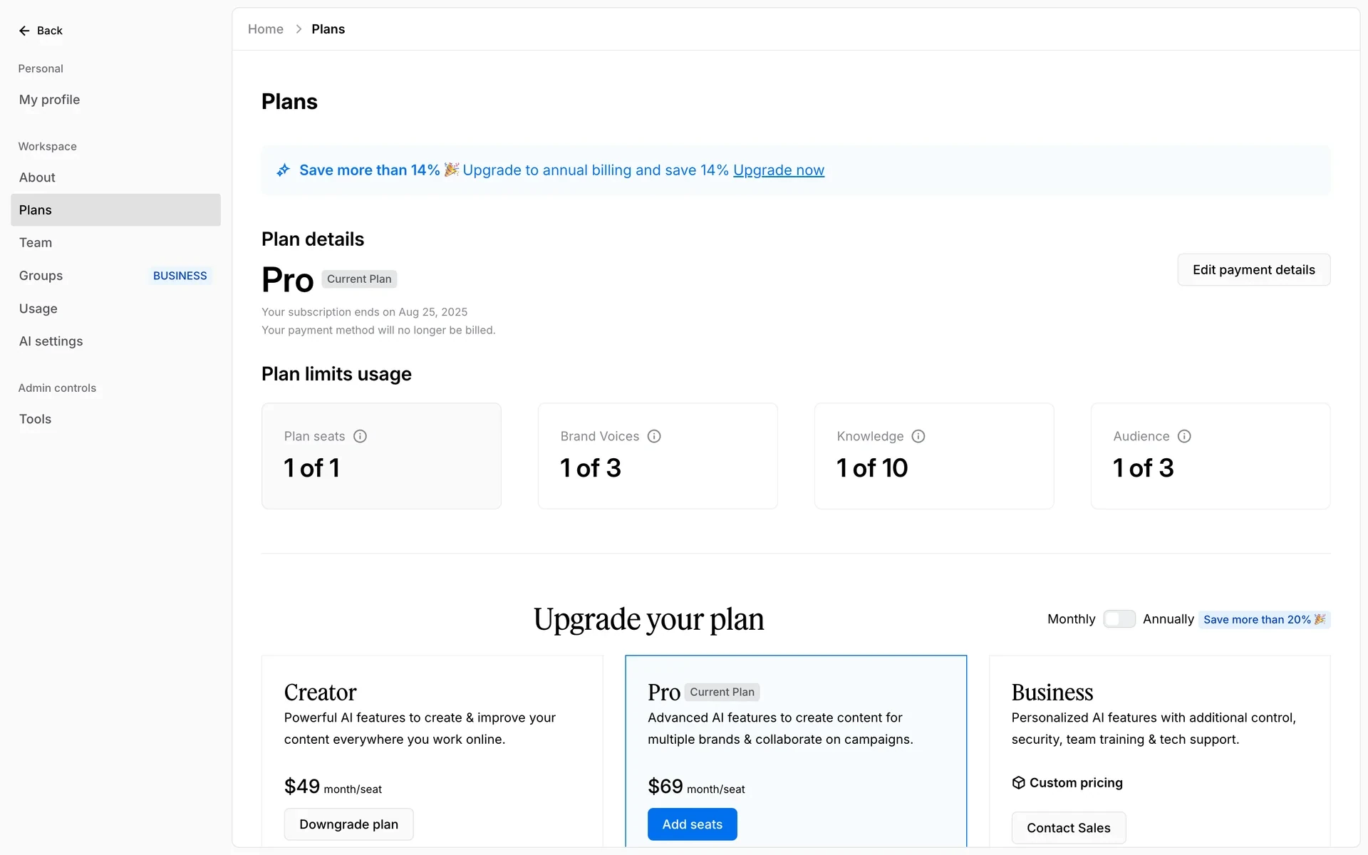 Jasper Plans page showing the Pro plan marked Current Plan with the message "Your subscription ends on Aug 25, 2025. Your payment method will no longer be billed."