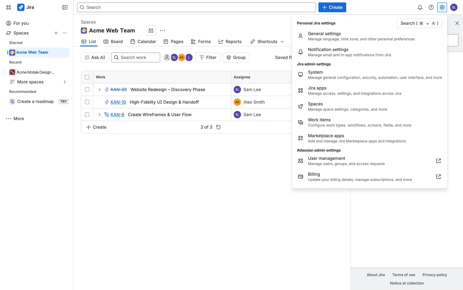 Jira top-right settings dropdown open, showing the Billing option under Atlassian admin settings with the label Update your billing details, manage subscriptions