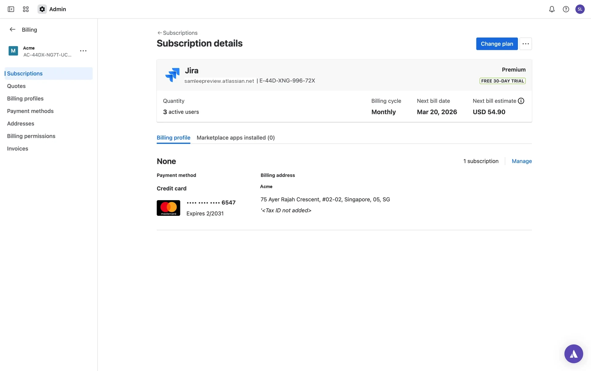 Jira Subscription details page showing the Premium plan, active users, billing cycle, next bill date, and a Change plan button with an overflow menu beside it