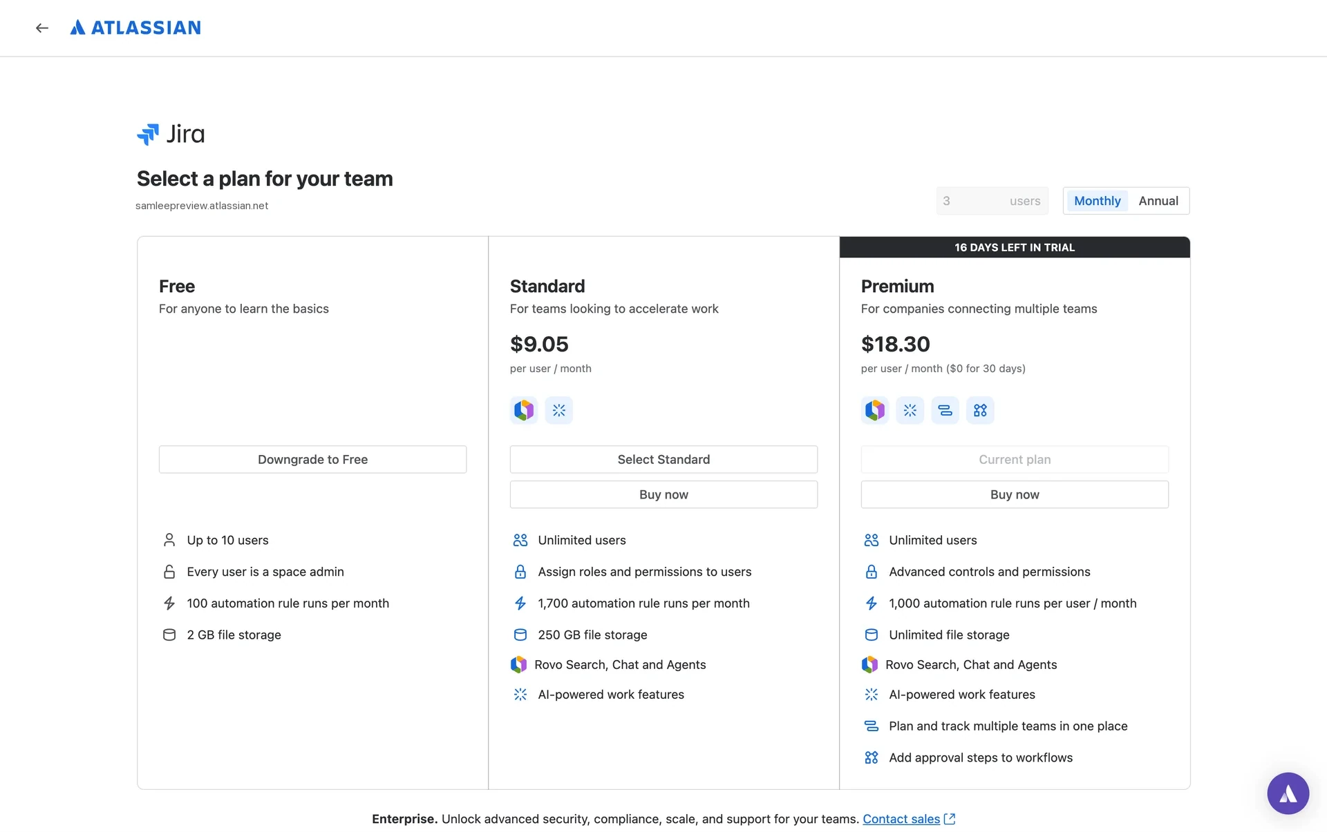 Jira Select a plan page with Free, Standard, and Premium cards; the Free card shows a Downgrade to Free button