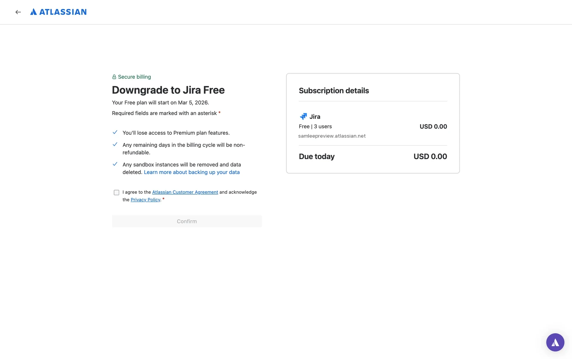 Downgrade to Jira Free confirmation page listing the warnings about losing Premium features, non-refundable remaining days, and sandbox data deletion, with the agreement checkbox unticked and Confirm greyed out