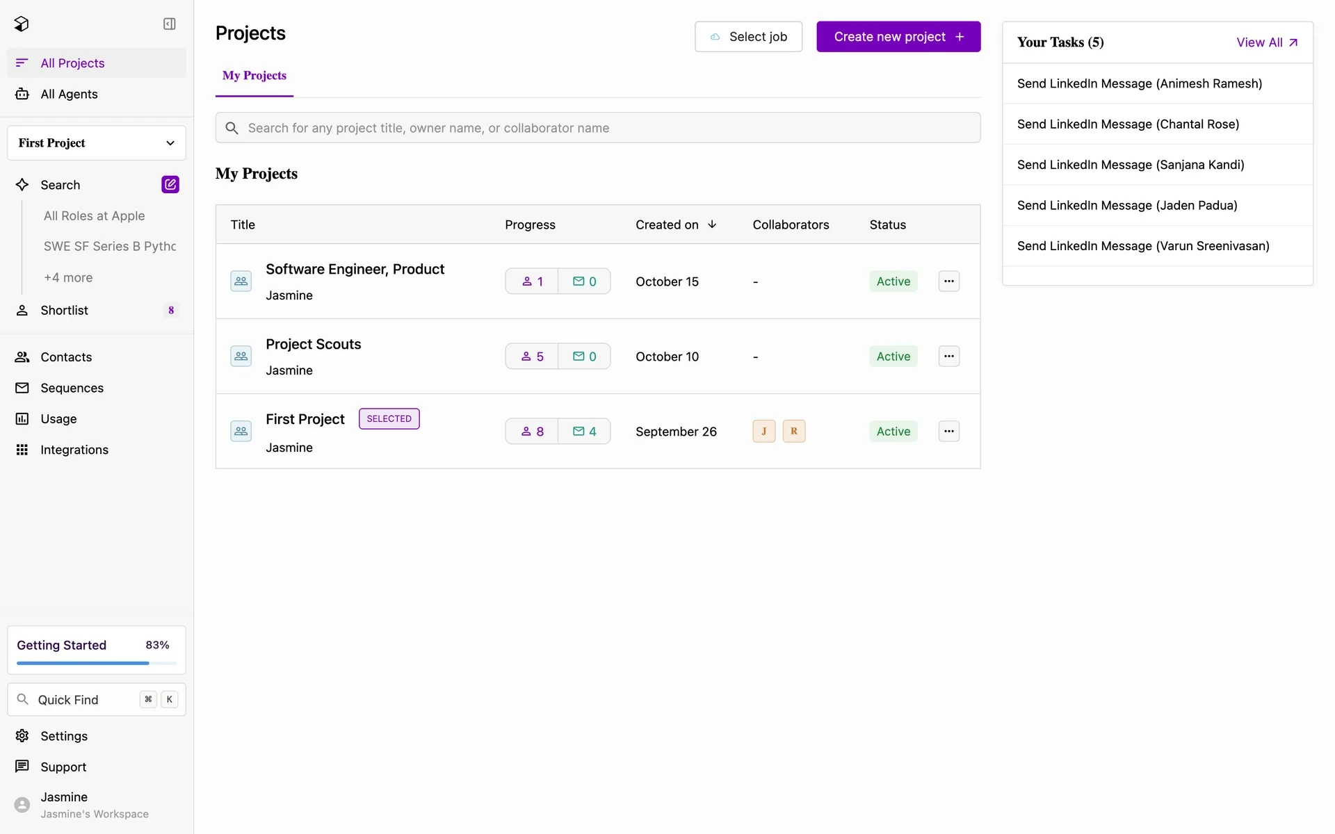 Juicebox Projects dashboard with Settings gear icon in the bottom-left sidebar next to Support and the workspace profile